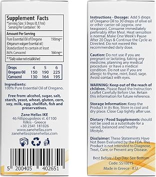 Zane Hellas 190 mg Oregano Oil-164 mg Carvacrol per Serving-4 Drops Daily. 100% Greek Undiluted Oil of Oregano. 86%-90% Min Carvacrol. Probably The Best Oregano Oil in The World. 0.5 fl. oz.- 15ml.
