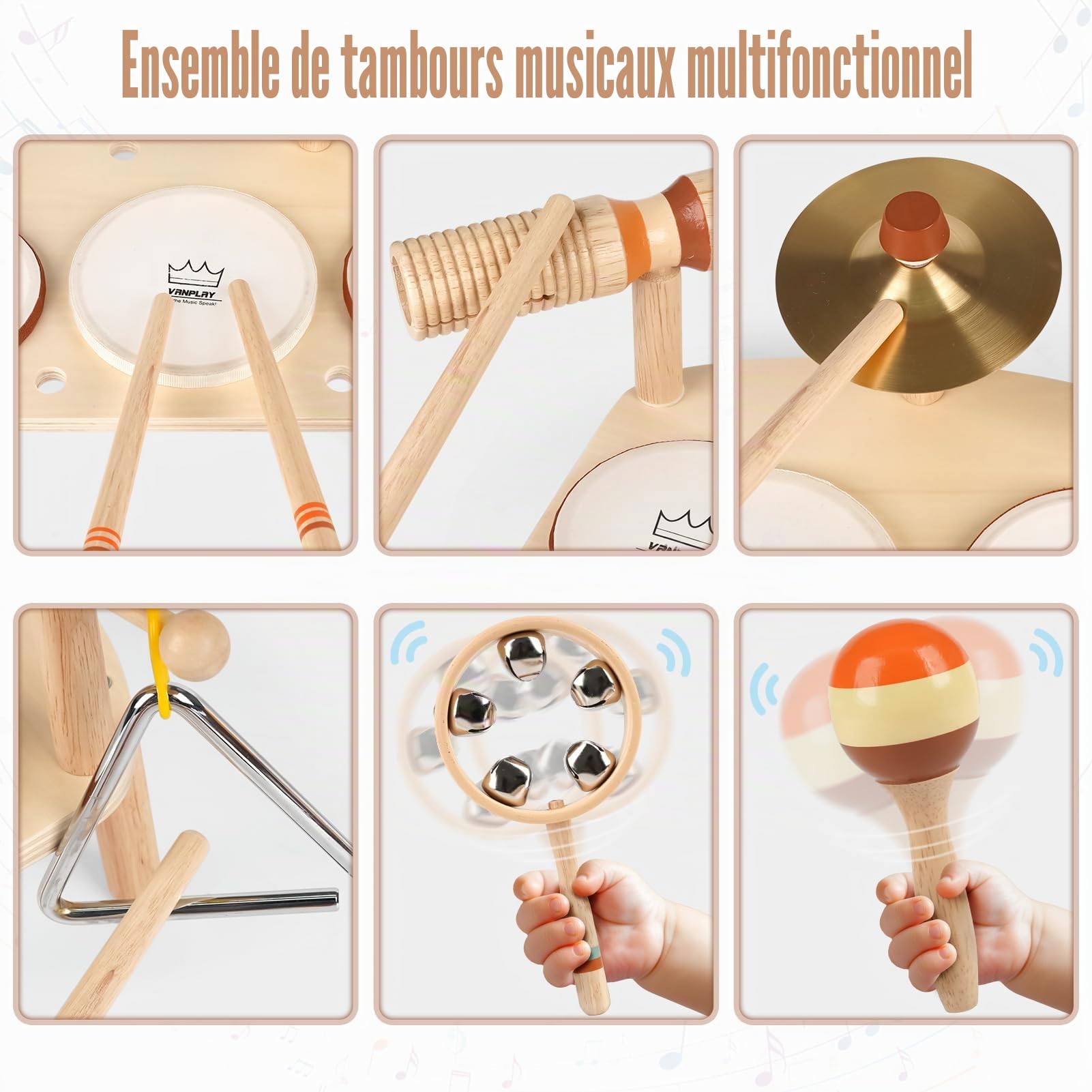 Vanplay Instrument de Musique Bebe, Tambour Supporter, Tout-Petits de 1 à 3 Ans, Montessori Musicaux, Comprend 3 tambours et des hochets à clochettes, Cadeau Enfant 1+ Ans