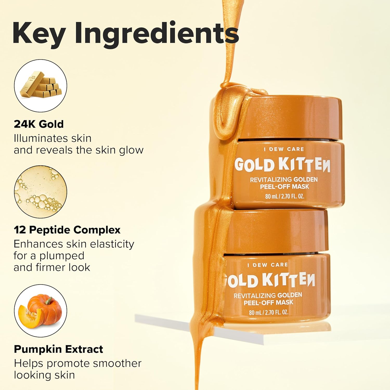 I DEW CARE Peel-off Face Mask - Gold Kitten | 24K Gold, Pumpkin Extract, Revitalizing, Tightening, Korean Skin Care, Glass Skin, Vegan, Cruelty-Free, Gluten-Free, 2.70 fl. oz.