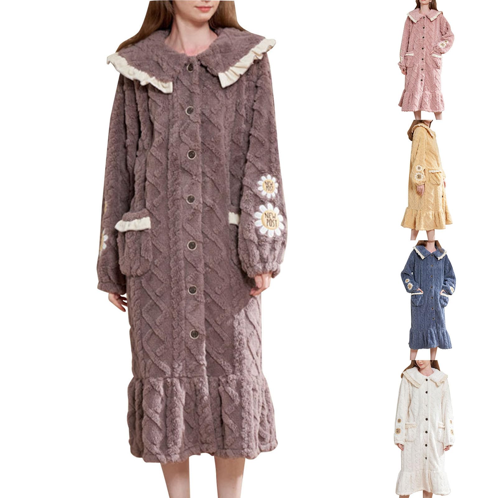 Generisch Camicia da notte invernale da donna, con scollo rotondo, a maniche lunghe, in flanella, calda, tinta unita, jacquard, con tasca, abito invernale di grandi dimensioni, abito da notte oversize
