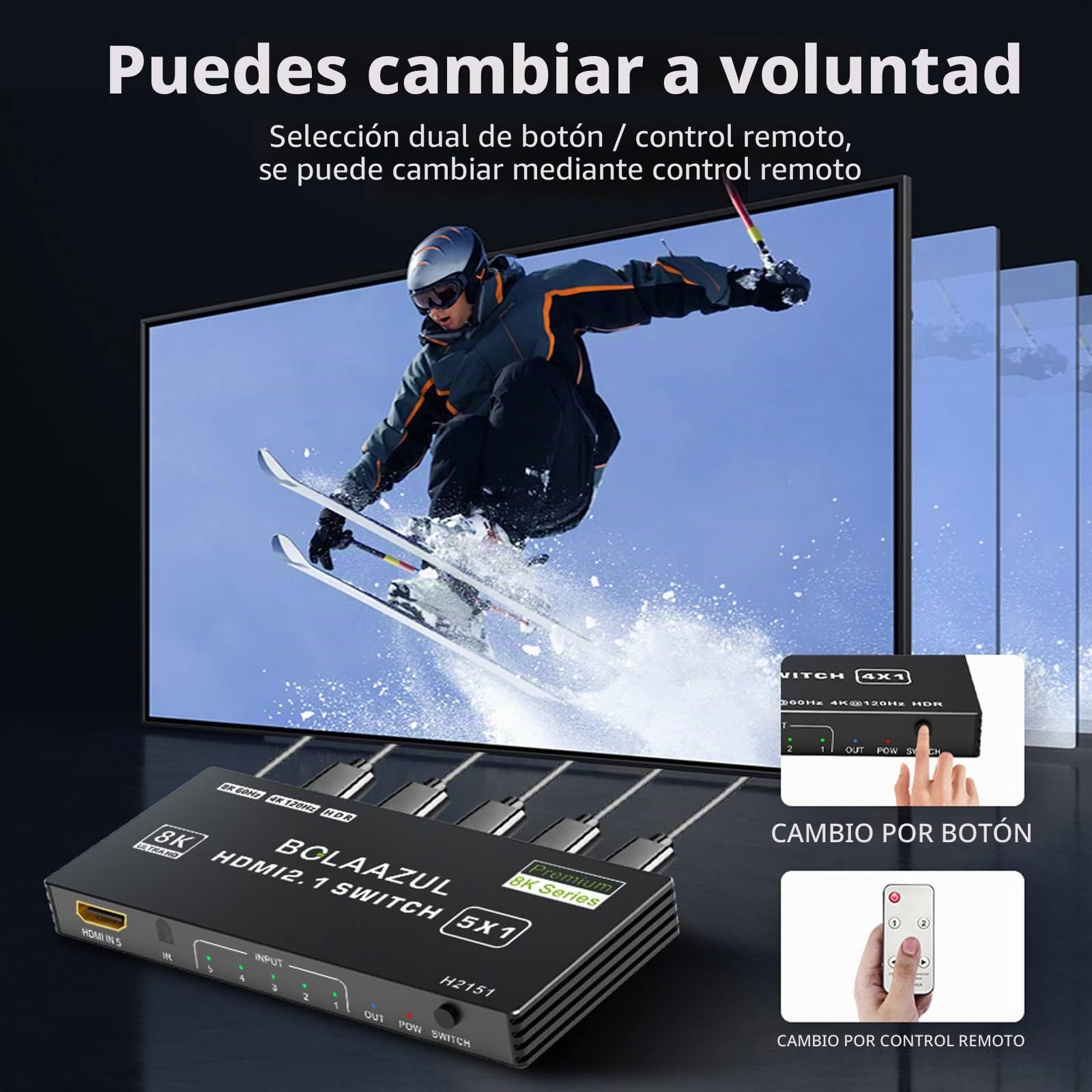 BolAAzuL Conmutador HDMI 2.1 8K 120Hz 4K 5 en 1, 8K @60Hz, 4K 120Hz, 2K 144Hz, HDR, 48Gbps, CEC, Dolby Vision, Control Remoto, para Xbox Series X