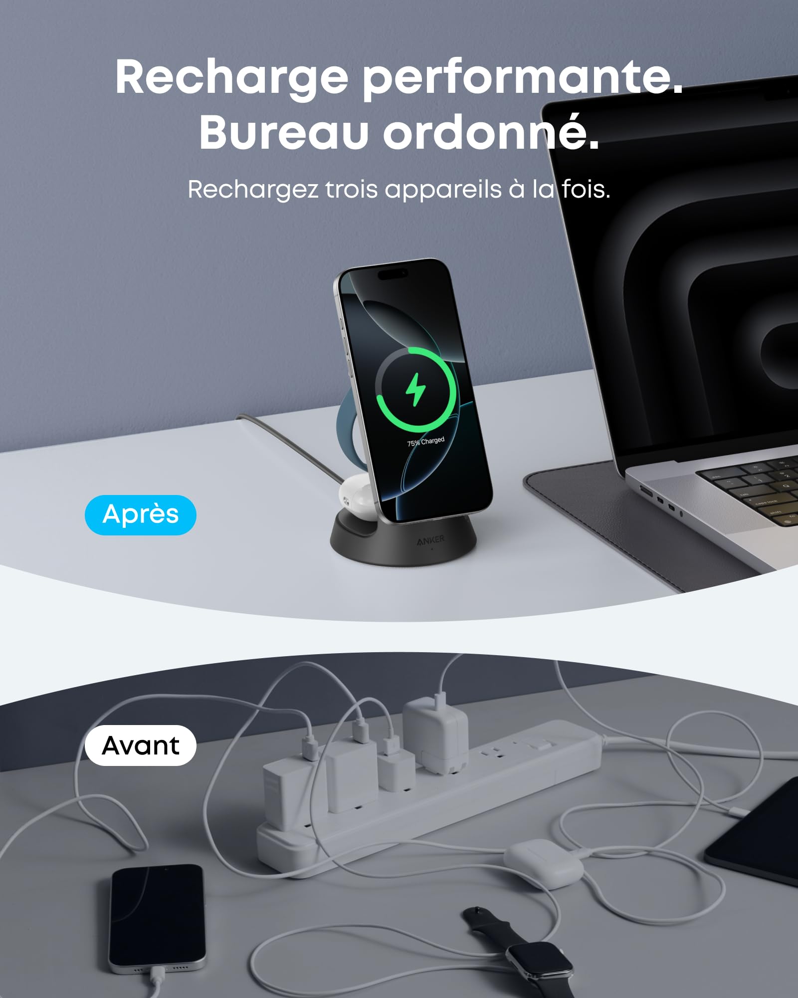 Anker MagGo Chargeur à Induction pour iPhone, 3 en 1, 15W (Socle) | Chargeur sans Fil Certifié Qi2 MagSafe, pour iPhone 17/16/15/14, Apple Watch, AirPods Pro, et plus (avec Adaptateur)