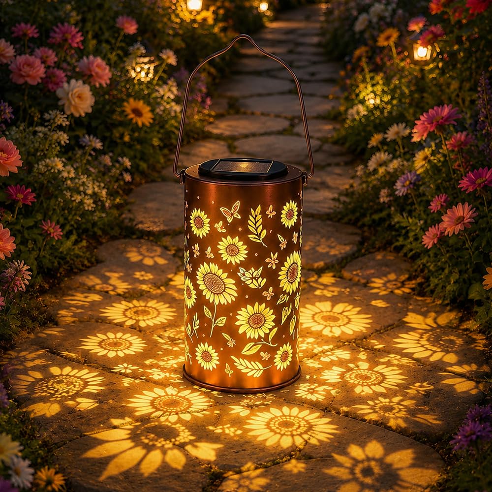 Afenau Sunflower Solar Gartenleuchte, Wasserdicht Sonnenblume Solar Laterne, Hängende Sonnenblume Solarlampe mit Sonnenblumen-Leuchteffekt, Sunflower Solar Gartenlaterne (Warmfarbiges licht)