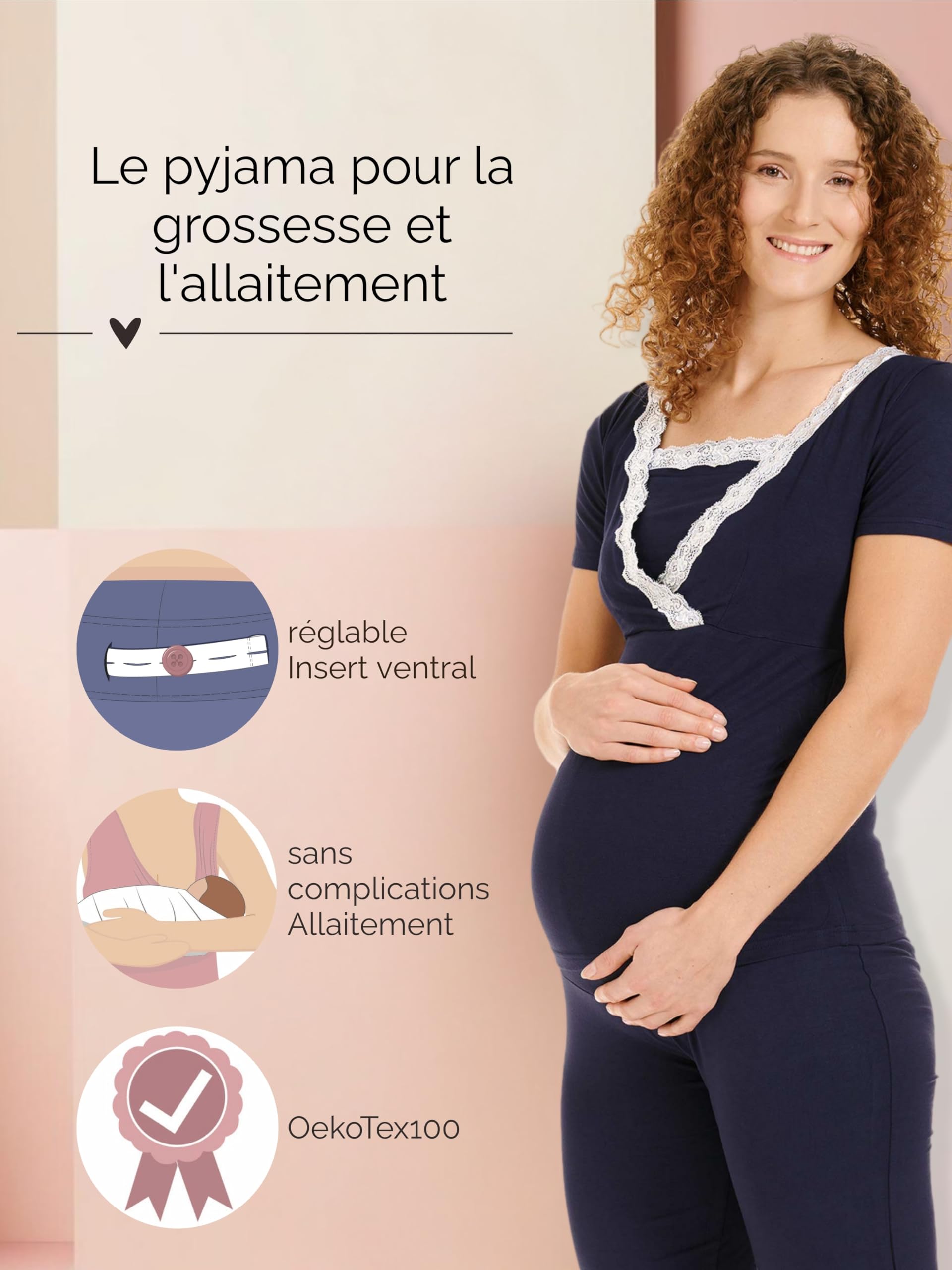 Herzmutter Pyjama Grossesse - Pyjama Maternité Allaitement - Vêtement de Nuit - pour Femme Enceinte - Pyjama Ensemble Maternité - Pantalon midi - Manches Courtes - 2900_2600_2500