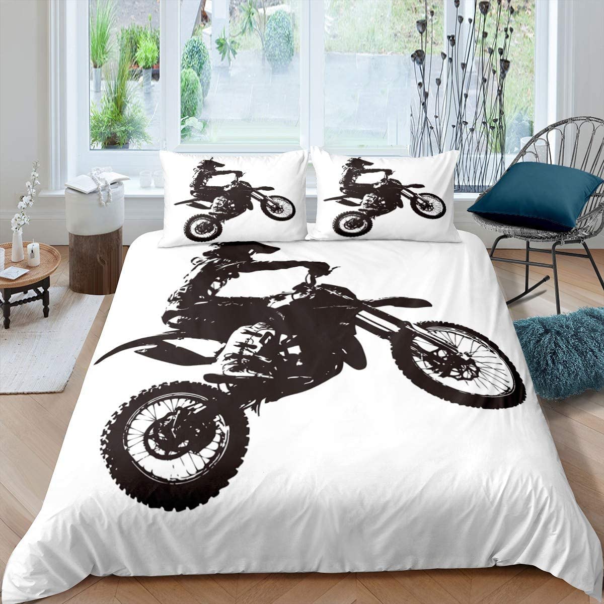 Parure de lit moto sport extrême pour adolescent en noir et blanc