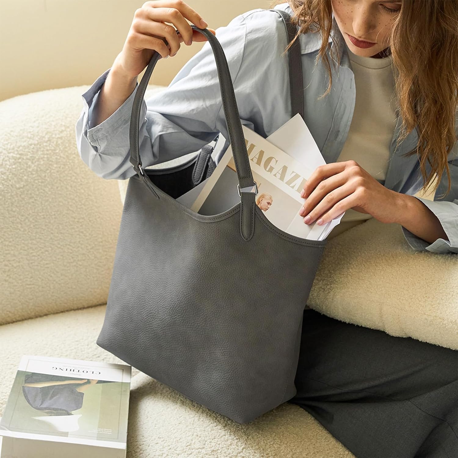 Large Tote Bag for Women, Grey Classic Bag, Laptop Tote Bag for Women, Pu Leather T... - Image 3