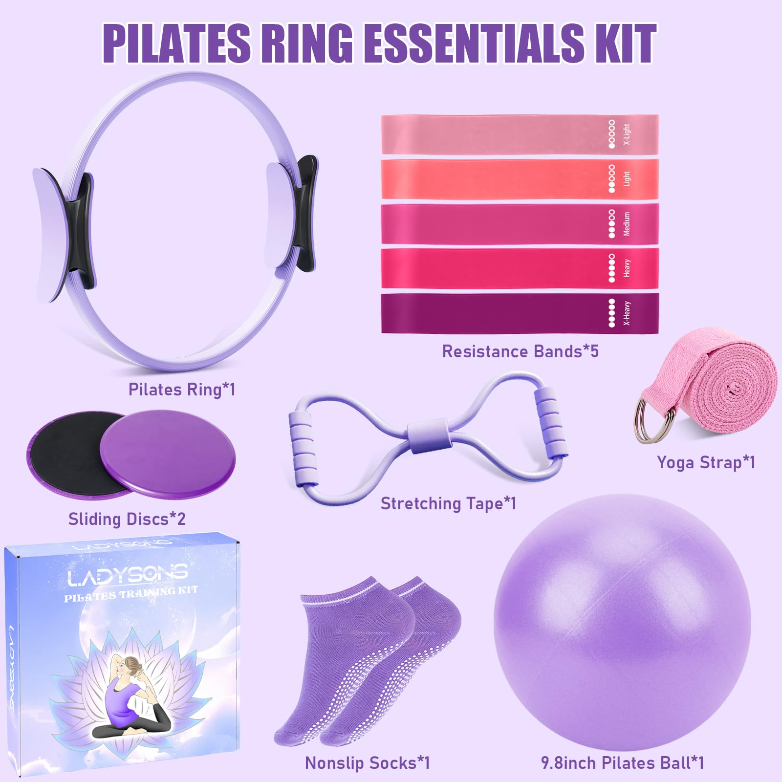 Ensemble d'anneaux de Pilates Kit essentiel avec cercle magique 32 cm, balle, bandes, disques glissants et poster d'entraînement