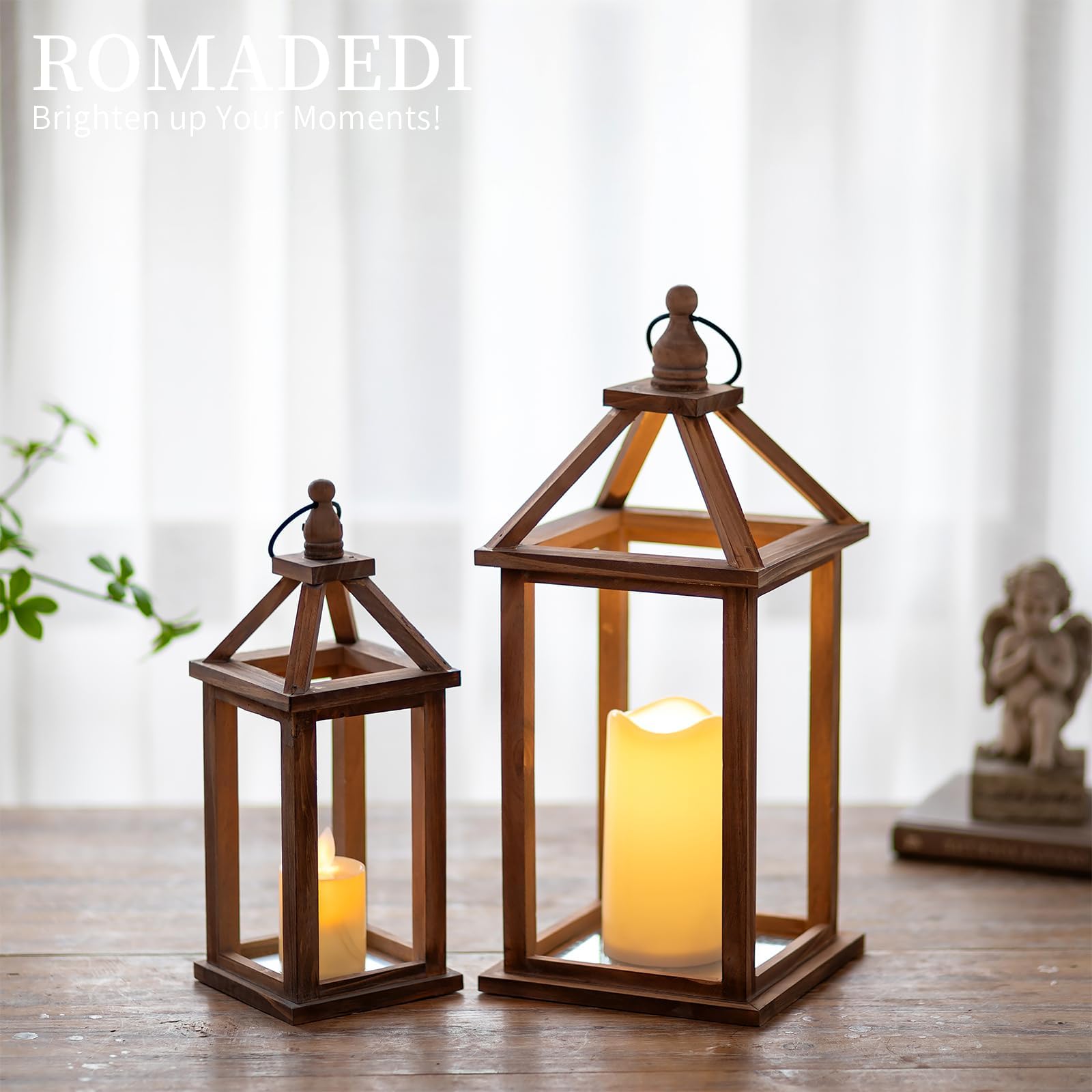 Romadedi Holzlaternen Dunkelbraun, 2er Set 30/40 cm mit Dach | Kerzenlaternen im Pavillon-Design für Kerzen, für Balkon, Garten, Hochzeit, Tischdeko und Innenräume