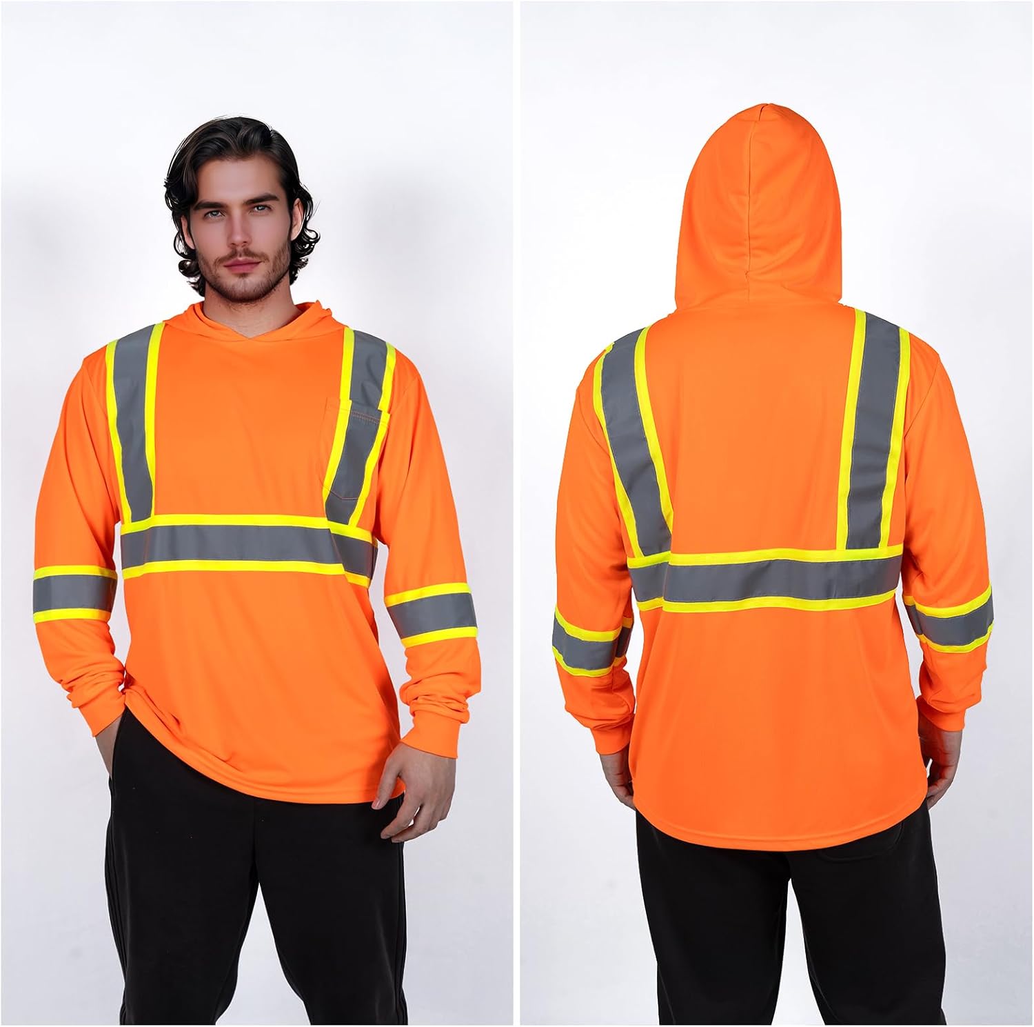 High Visibility Safety Shirts for Men with Hood Reflective Long Sleeve Shirt ASIN Class 3 Hi Vis Construction T Shirt