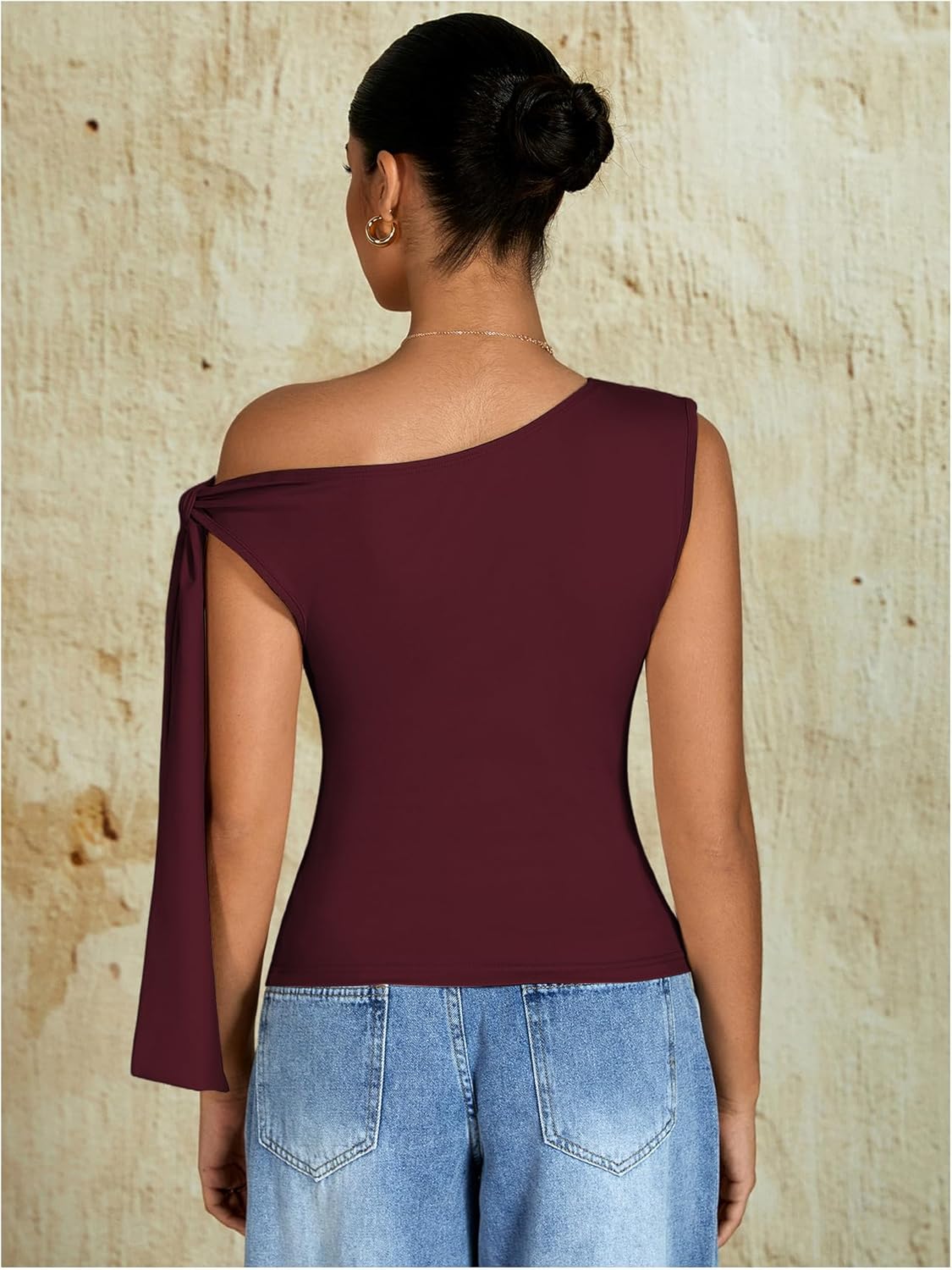 Milumia Women's Ruched One Off The Shoulder Tank Tops Asymmetrical Neck Tie Shoulder Going Out Top - Image 2