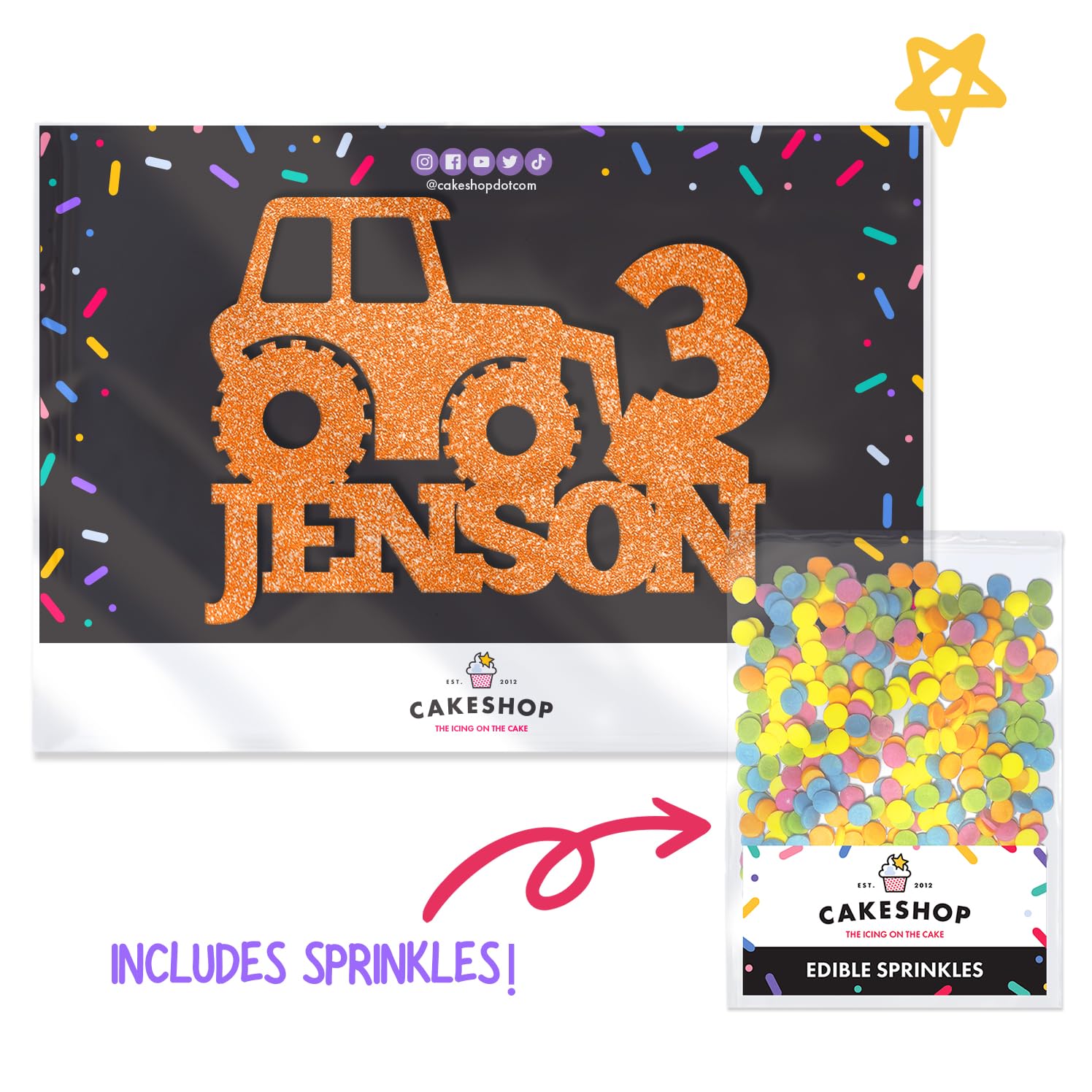 Personalised Farm Tractor Glitter Cake Topper- Copper Orange Any Custom Age & Name Glitter Cake Decoration and Sprinkles - Image 2