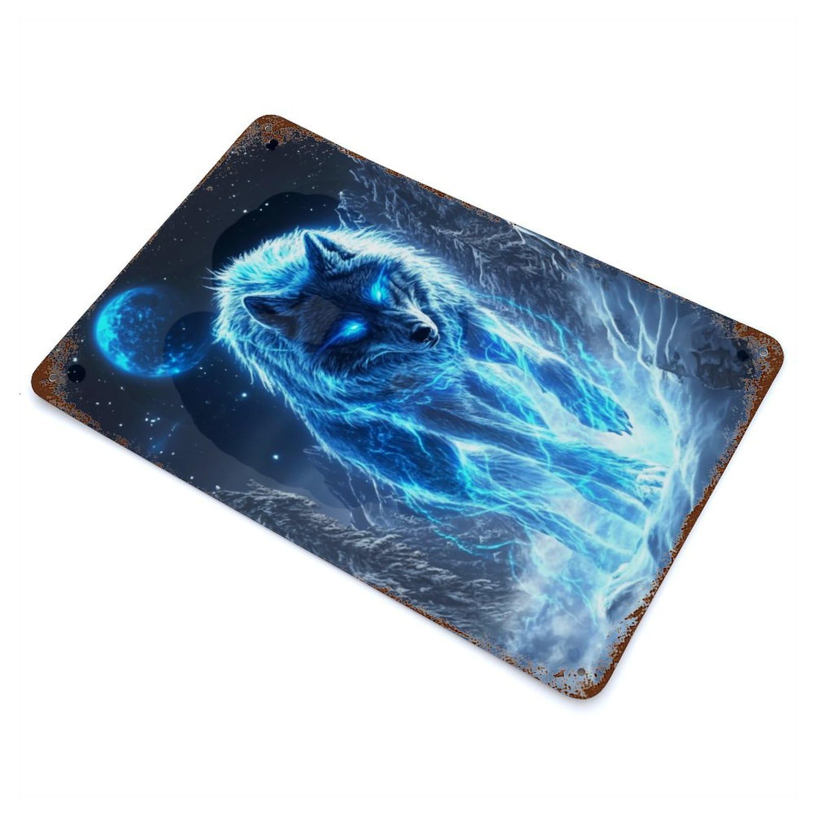 Retro Metal Sign with Electric Wolf in Snowy Landscape Design 11.8"x7.9", for Shed, Workshop And Garage Wall Decor, Industrial Home Decor