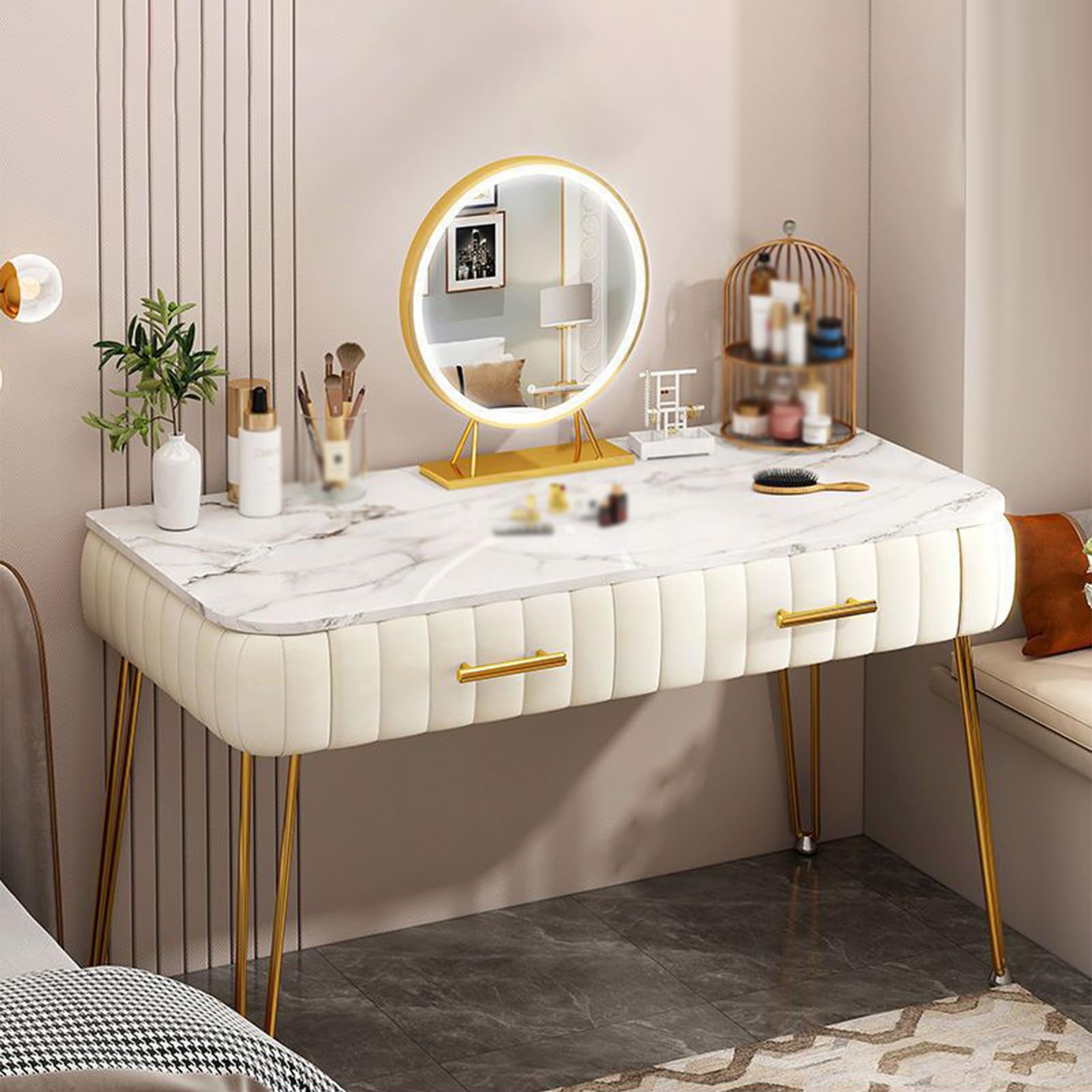 Tavolo da trucco a LED con specchio, per camera da letto, ampio cassetto, 3 modalità di illuminazione, design elegante (beige, 100 cm), perfetto per gli amanti della bellezza e la decorazione della