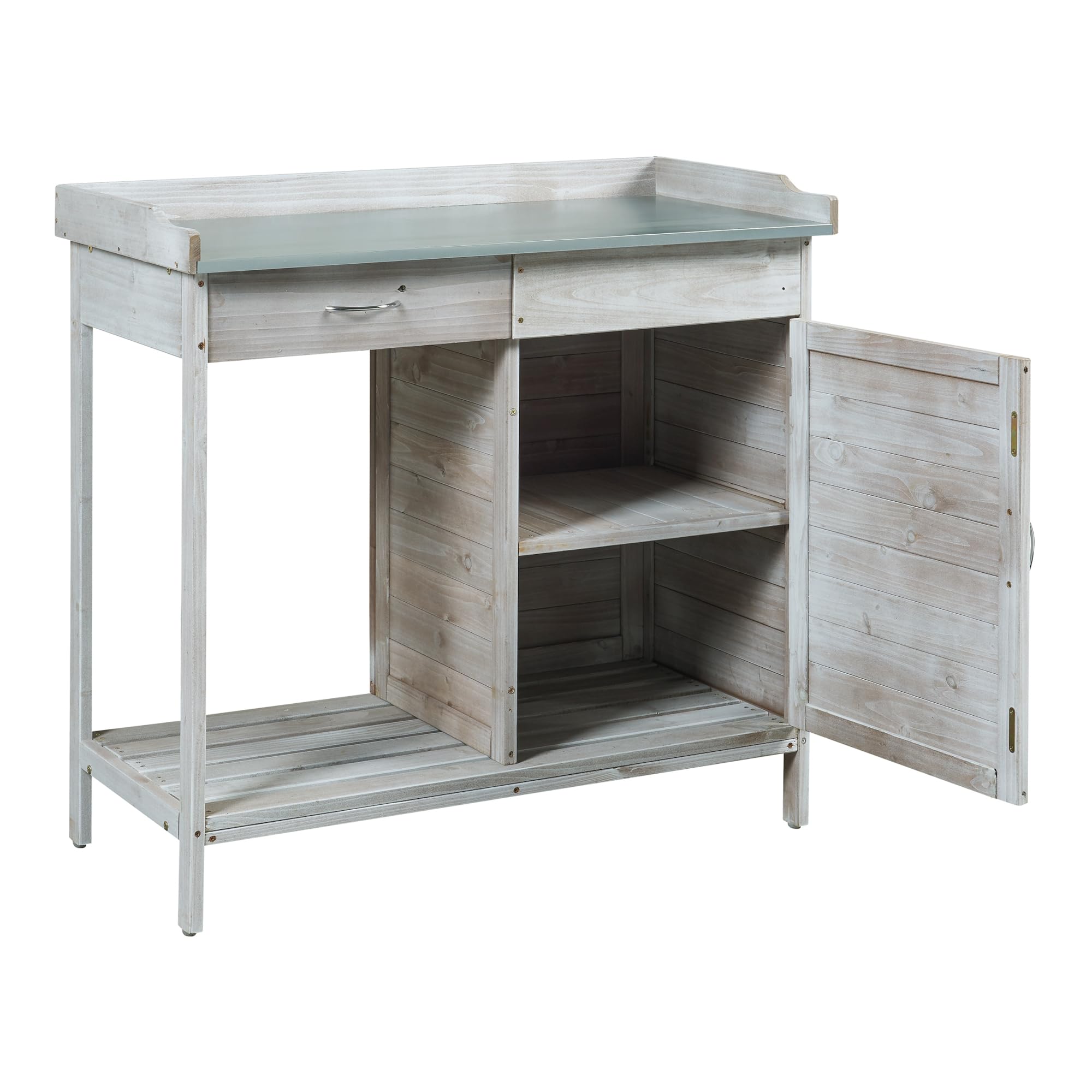 casa.pro Mesa de Jardinería Aliano con 2 Compartimentos Cerrados 1 Cajón Extraíble Mesa Auxiliar Jardín para Plantación Mesa de Cultivo Madera de Abeto Acero 98x48x94 cm - Gris
