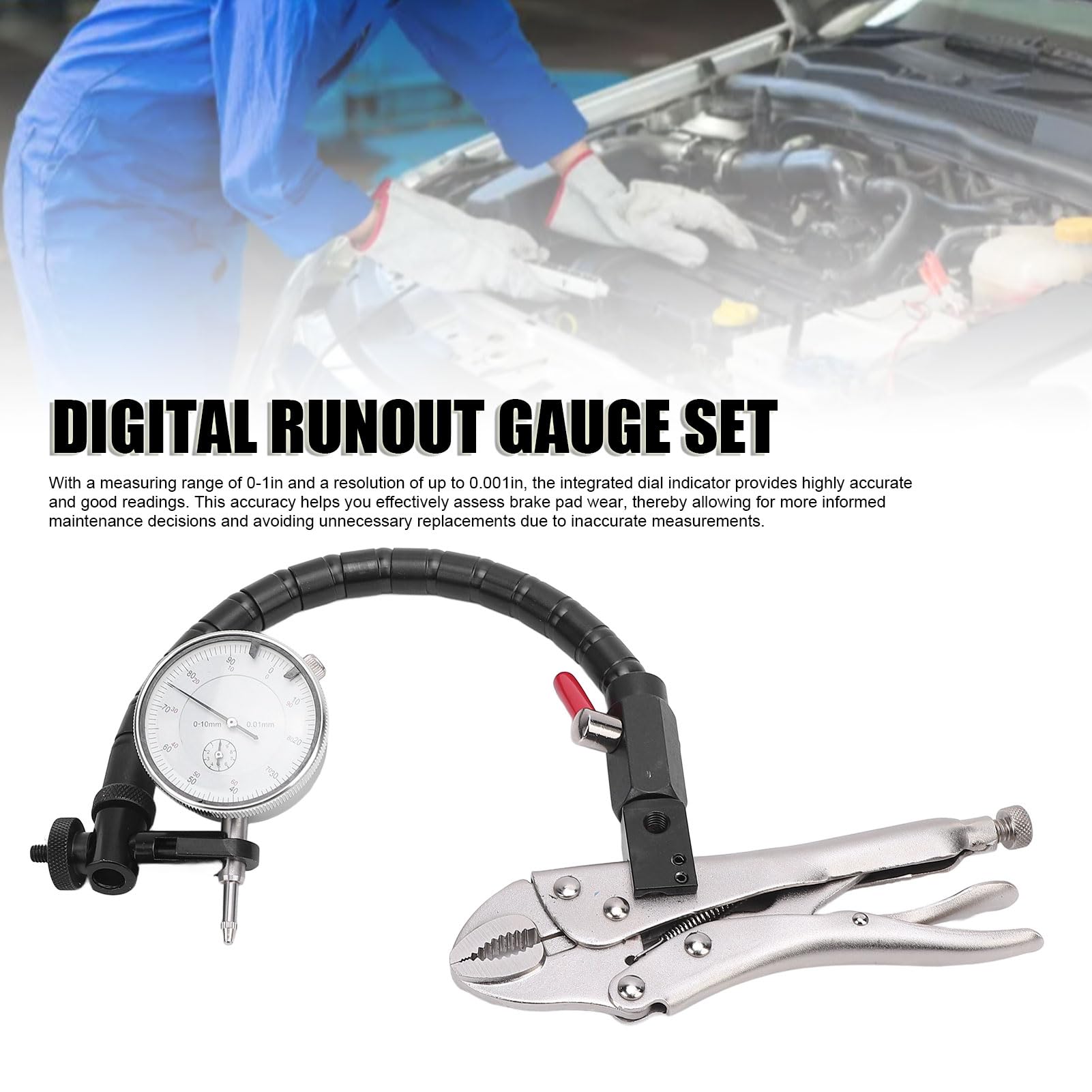 banapoy Disc Brake Rotor Set, Disc and Rotor Ball Joint Gage 360° Flexible Stem Holder Automobile Brake Disc Flatness Measurement Tool, 0.001in Resolution