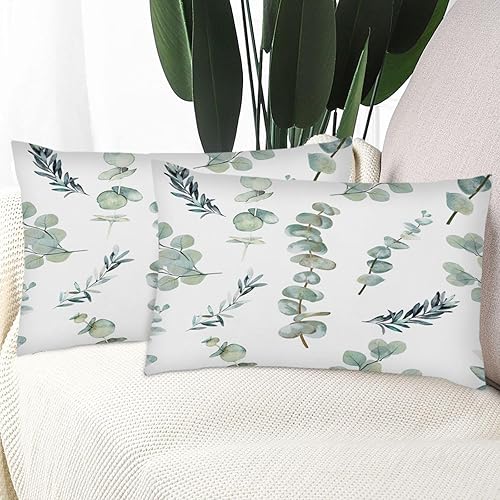 Miniatura 9 de Emvency Juego de 2 fundas de almohada decorativas de hojas verdes, ramas de eucalipto en acuarela, flores de mano con objetos vegetales sobre ramas