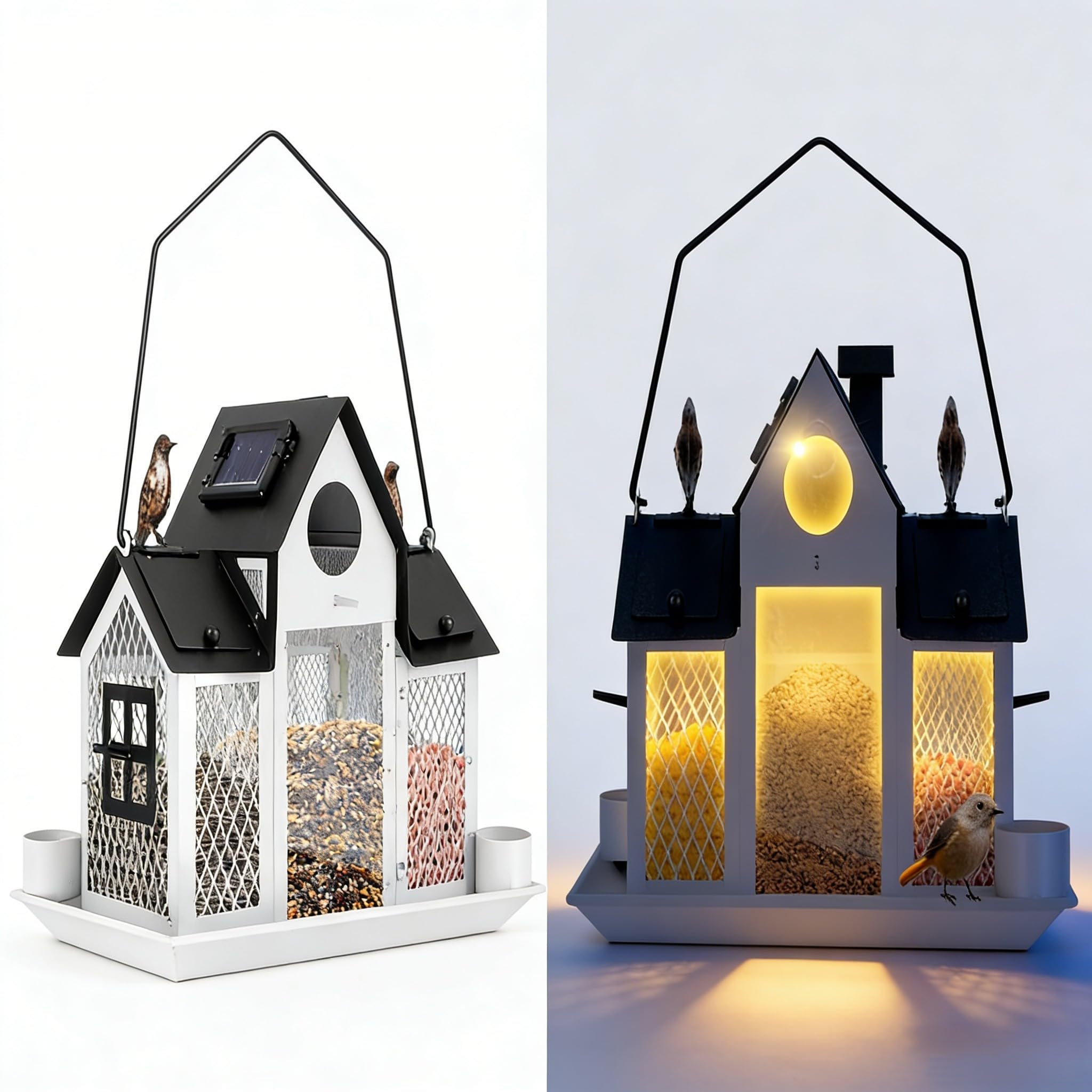 Comedero solar para pájaros y luz de jardín de metal, gran capacidad, 5 libras, comedero para pájaros silvestres con ventana de visualización para decoración de patio al aire libre, blanco
