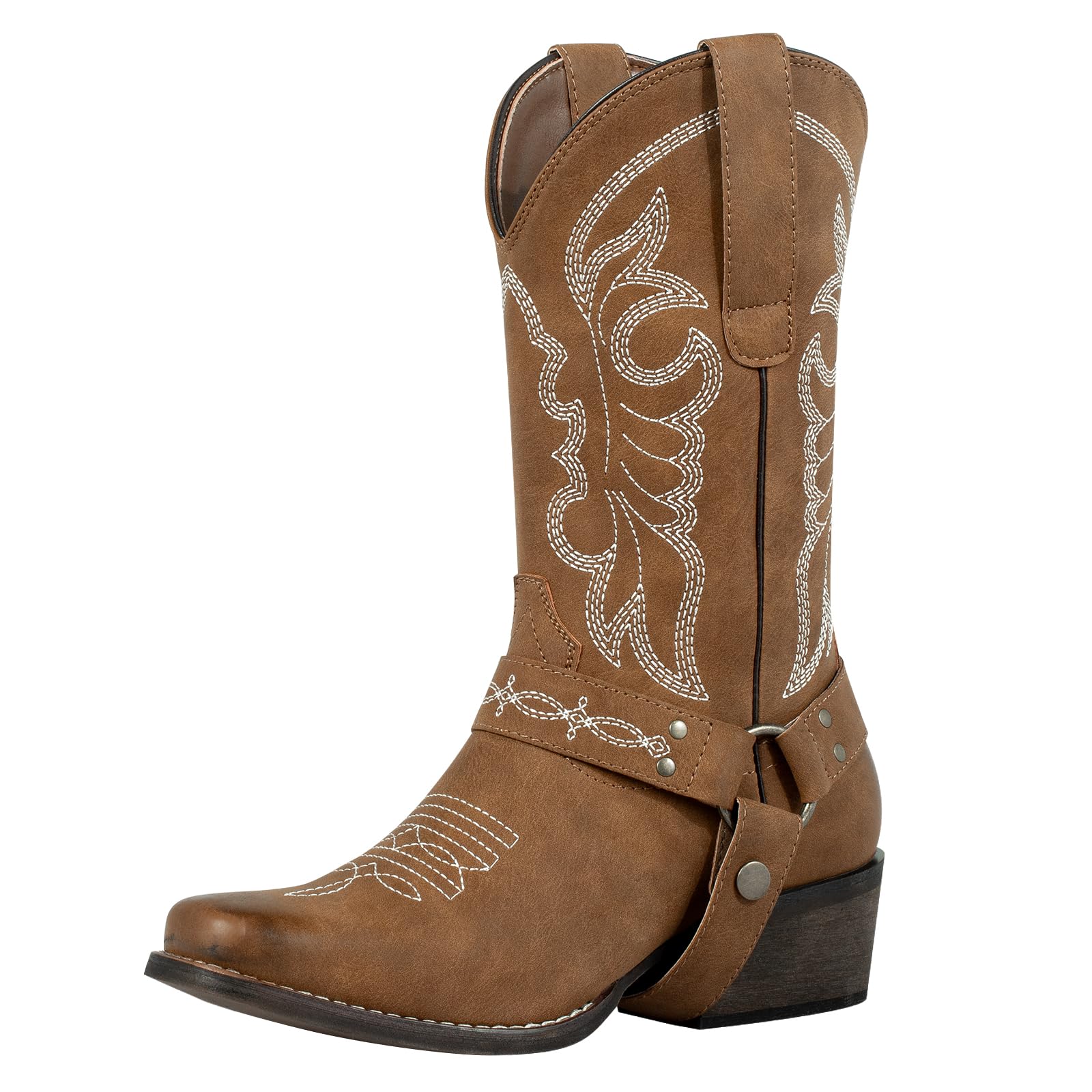Women's Square Toe Cowgirl Cowboy Boots Mid Calf Western Riding Boots with Fashion Buckle Strap-image-35