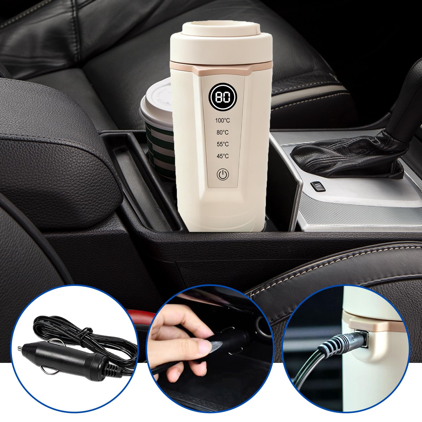 Bouilloire pour voiture, 500 ml, bouilloire de voyage portable 12 V 24 V, avec réglage de la température, pour thé, café, voyage, camping, arrêt automatique, anti-fuite, beige