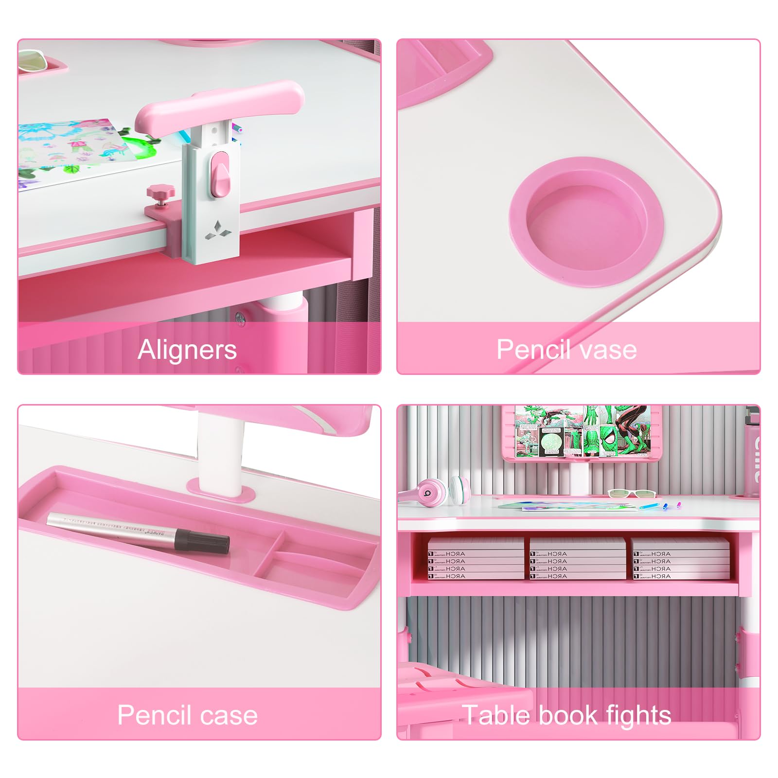 Vinteky Kinderschreibtisch Stuhl Höhenverstellbar, Kindertisch Stuhl Set mit neigbarer Tischplatte Schreibtisch Kinder Mädchen & Jungs, Höhenverstellbarer Schreibtisch mit Schubladen (Rosa)