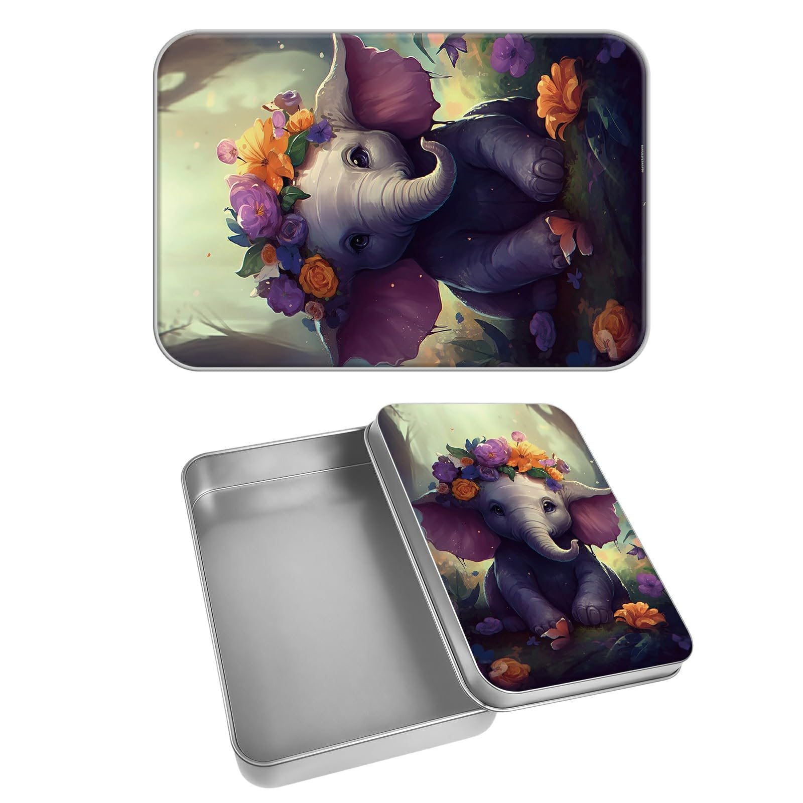 Rectangular Metal Tin Box with Removable Lid, Little Elephant Decorative Printed Metal Storage Container for Cash Ticket Credit Card Check 3.46 x 2.36 x 0.7 inch– Single Pack