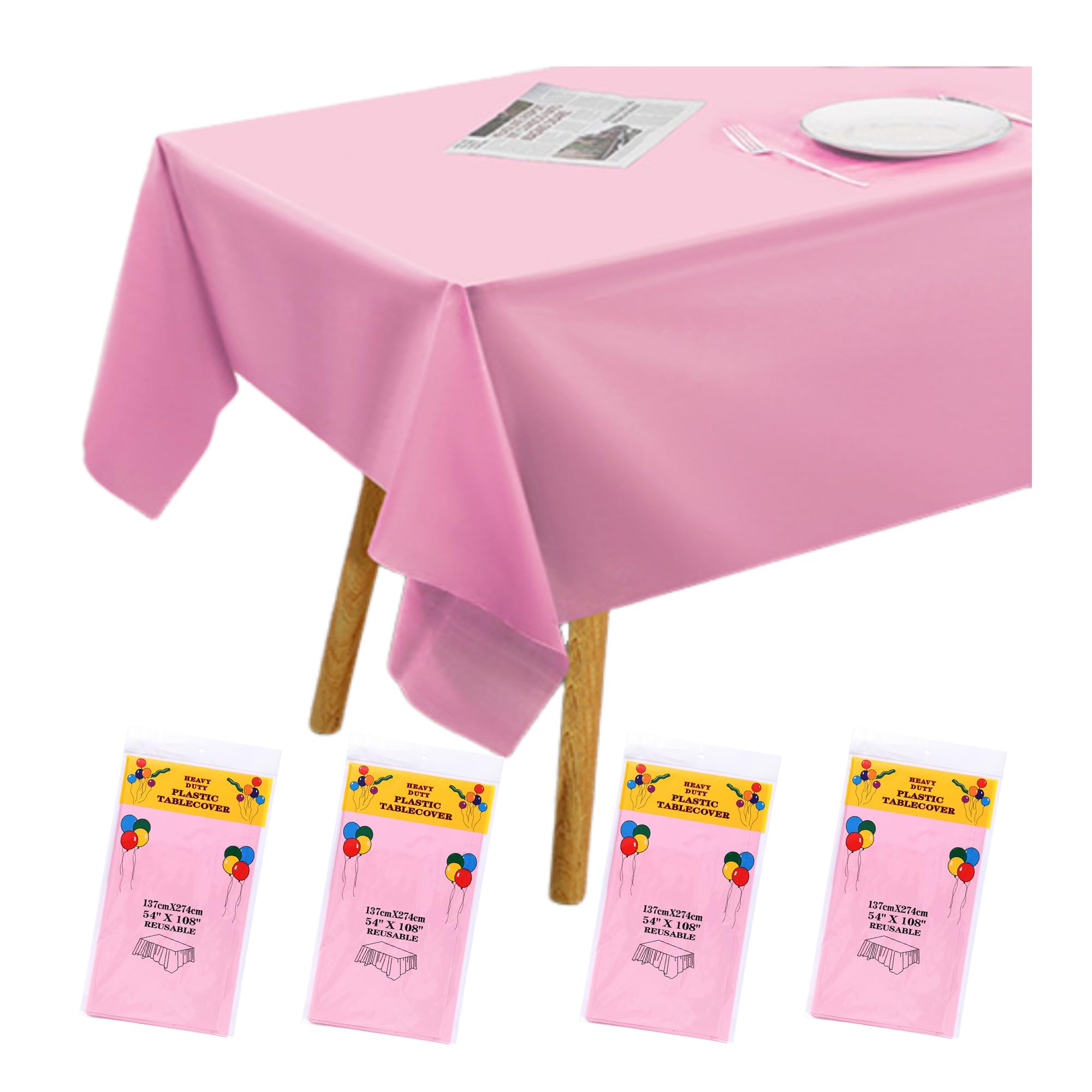 Tong Li Pink Disposable Party Tablecloth - Plastic Table Cover For Events (Birthday/Party/Wedding), Easy To Clean, Waterproof, 137X274cm (54X108in) 4Pcs (Pink)