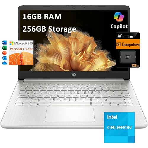 HP 14 Laptop (14" Anti-glare, Intel Celeron N4120, 16GB RAM, 256GB Storage (128GB eMMC + 128GB IST SD Card)) School & Business, 11Hr Battery Life, 1-Year Office 365, Win 11 Home S w/AI Copilot, Silver