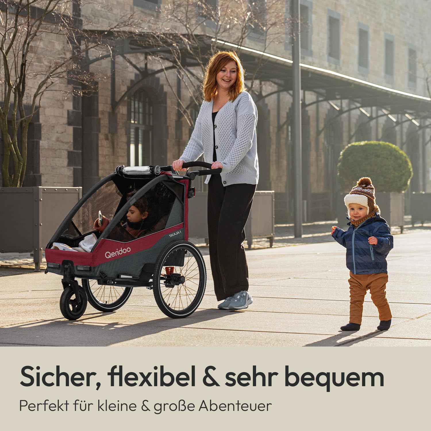 Qeridoo Skaja 1 Cayenne Red Fahrradanhänger 1 Kind Premium-Federung 3-in-1-Funktion Kinderfahrradanhänger Jogger Kinderwagen Leicht Sicher Kompakt