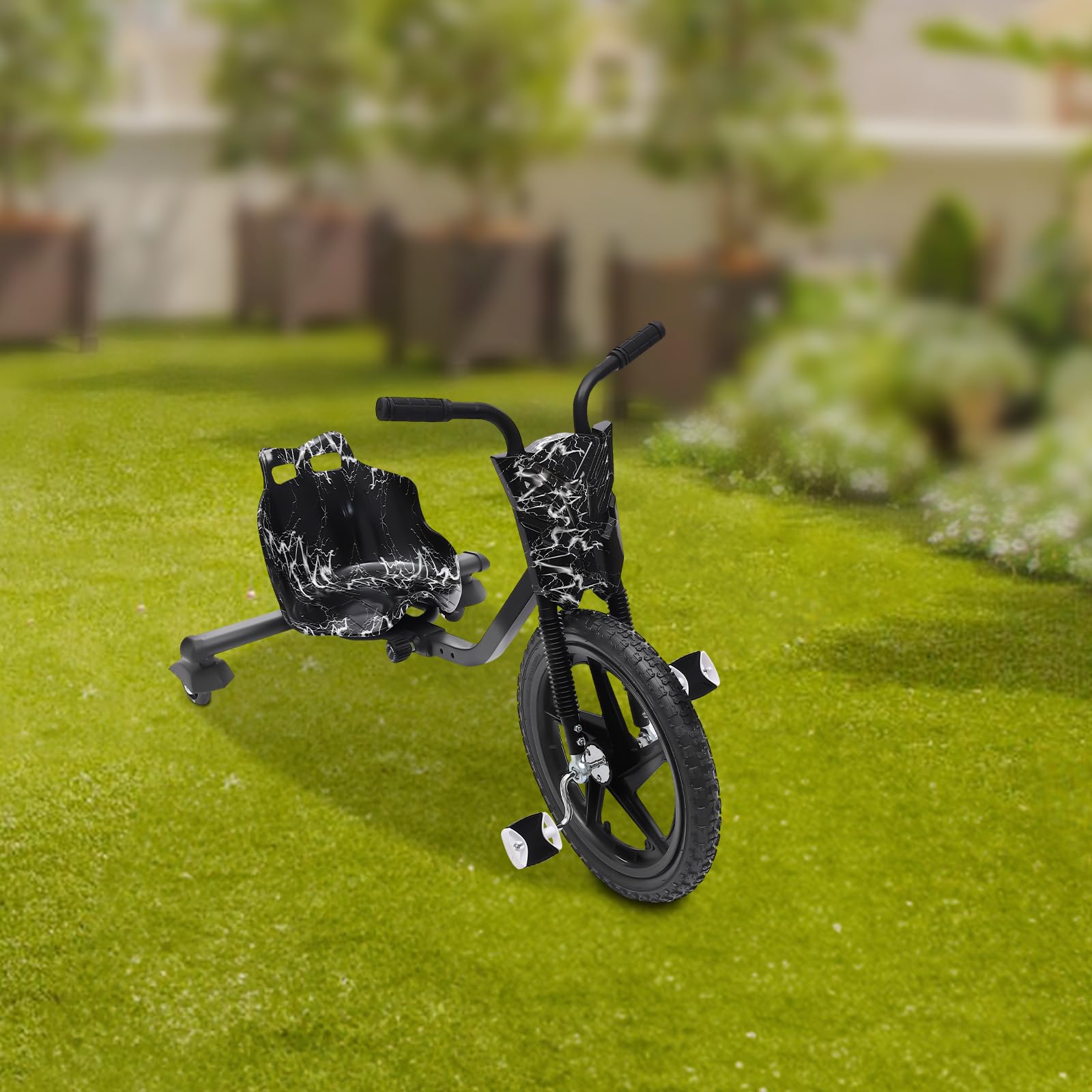 Drift Dreirad, 360° Drift Cart Kinder Scooter Tretauto Rutscher Kinderfahrzeug mit Pedale Verstellbarer Schalensitz Schwarzer Blitz ab 6 Jahren für Straße Spielplatz Hof Park Outdoor
