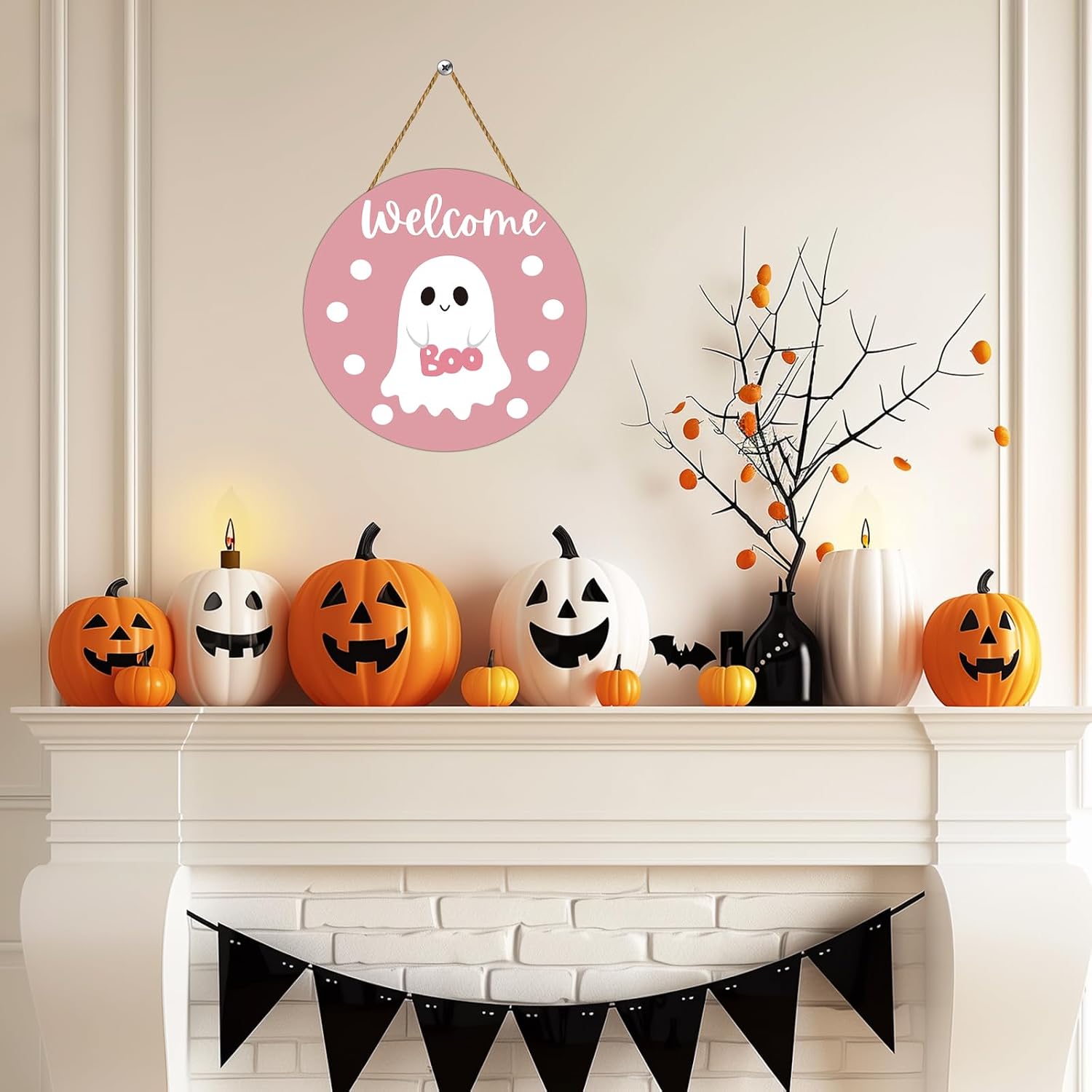 Pink Halloween Decor Halloween Door Decorations Pink Cute Ghost Decor Wreath Welcome Sign Wooden Front Door Hanger Cute Ghost Hanging Sign Wreath for Wall Indoor Home