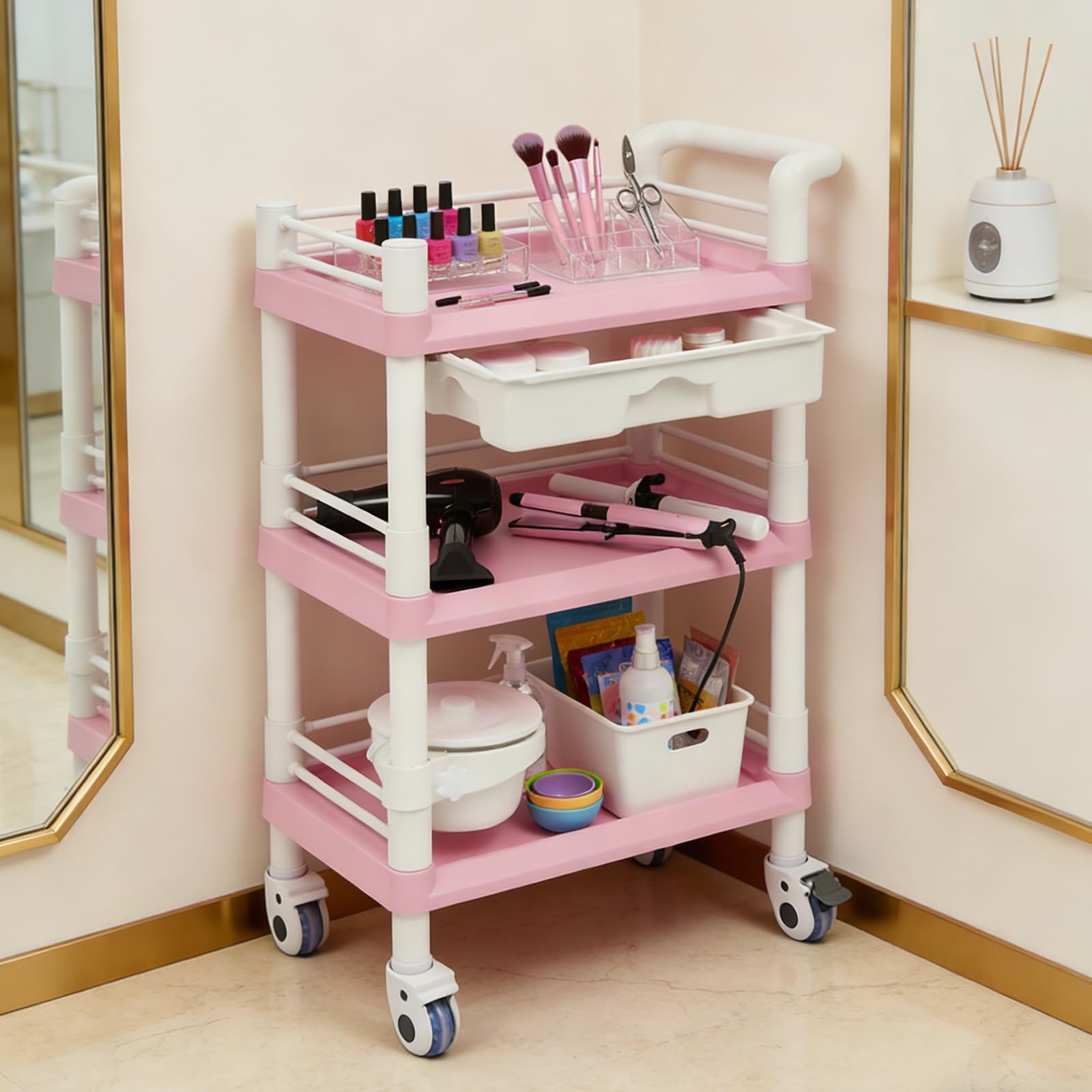 Carrito de salón Beauty con 3 estantes, cajón y cubo, carrito de almacenamiento enrollable para accesorios de belleza, salón de uñas, suministros de peluquería, color rosa y blanco, soporta 100 kg