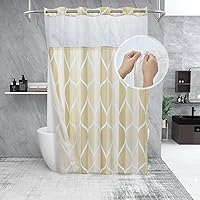 Vista 26 de Juego de cortina de ducha blanca sin gancho con forro de tela a presión, estilo hotel con ventana superior de malla transparente, diseño geométrico