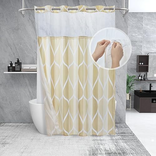 Miniatura 26 de Juego de cortina de ducha blanca sin gancho con forro de tela a presión, estilo hotel con ventana superior de malla transparente, diseño geométrico