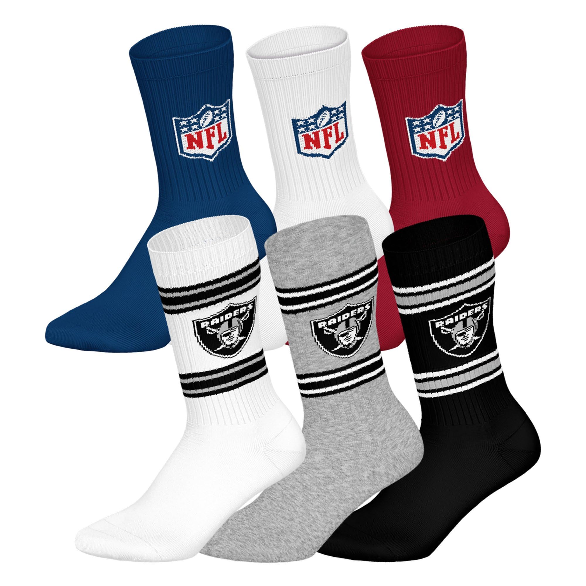NFL Unisex Team Crew Socks, Las Vegas Raiders, Mix, 39-42, Pack of 6