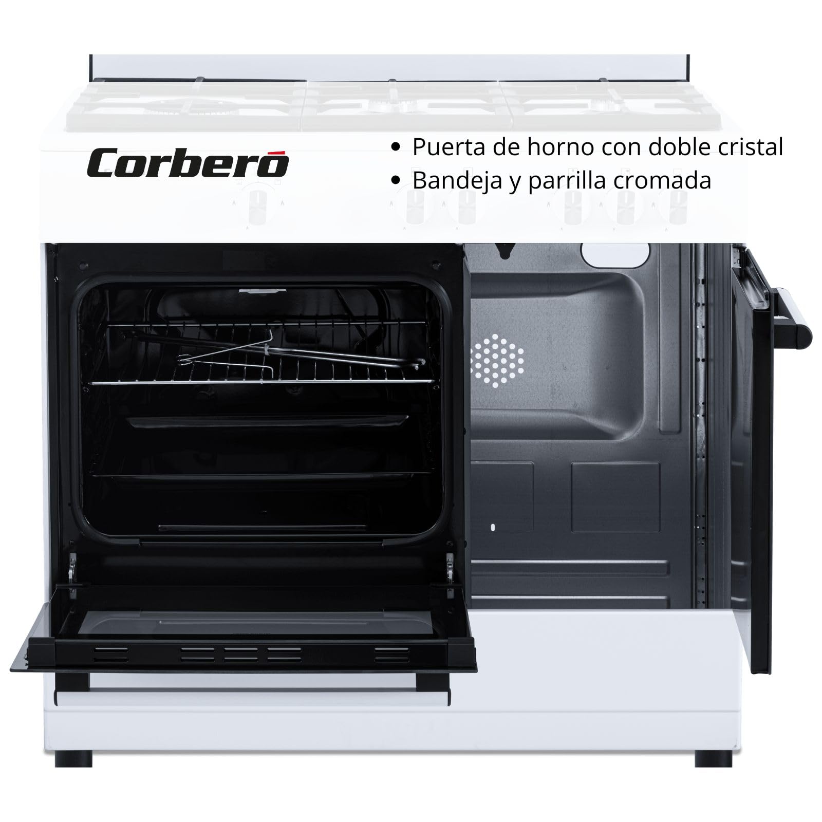 Corberó - Cocina de Gas Butano 5 fuegos | CCSF5GB922W |80x90x60| Horno 60L | Wok a la Izquierda | Encendido Manual | Cajón Calientaplatos | Bandeja y Parrilla Extra Gruesa | Con tapa | Blanco