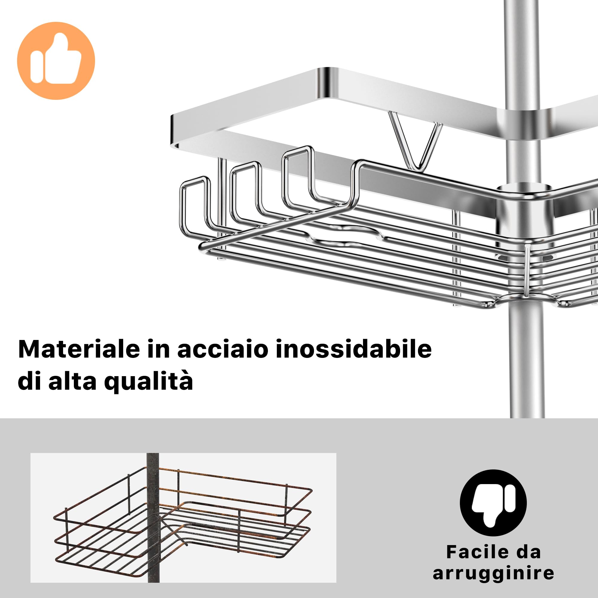 Kegii Telescopico Mensola Doccia - Mensola Bagno Angolare Porta Shampoo Doccia Argento Portaoggetti Doccia Acciaio Inox