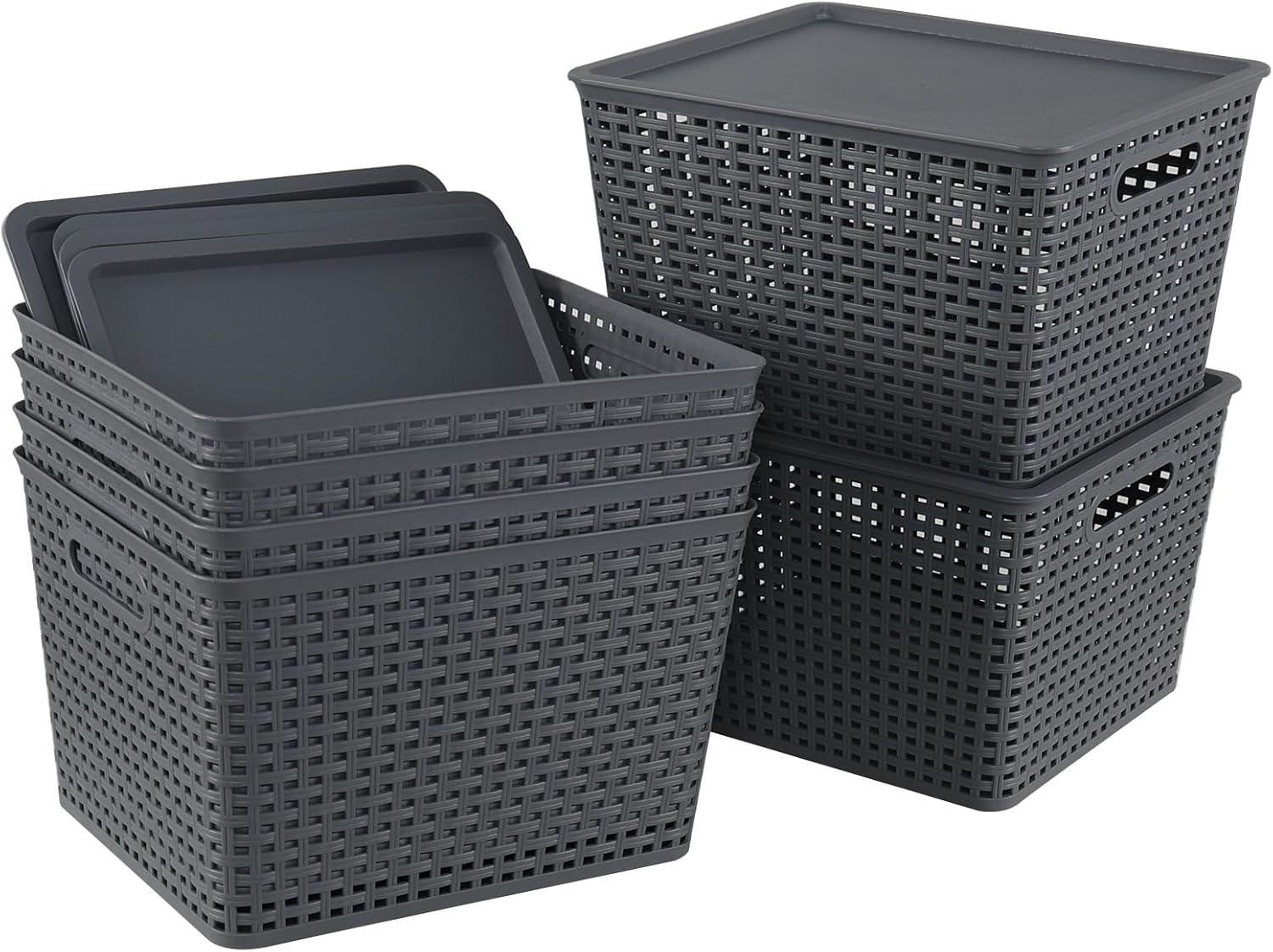 6-Pack Large Plastic Baskets with Lids, Stackable Plastic Woven Basket, 14" x 11.6" x 8.66", Grey