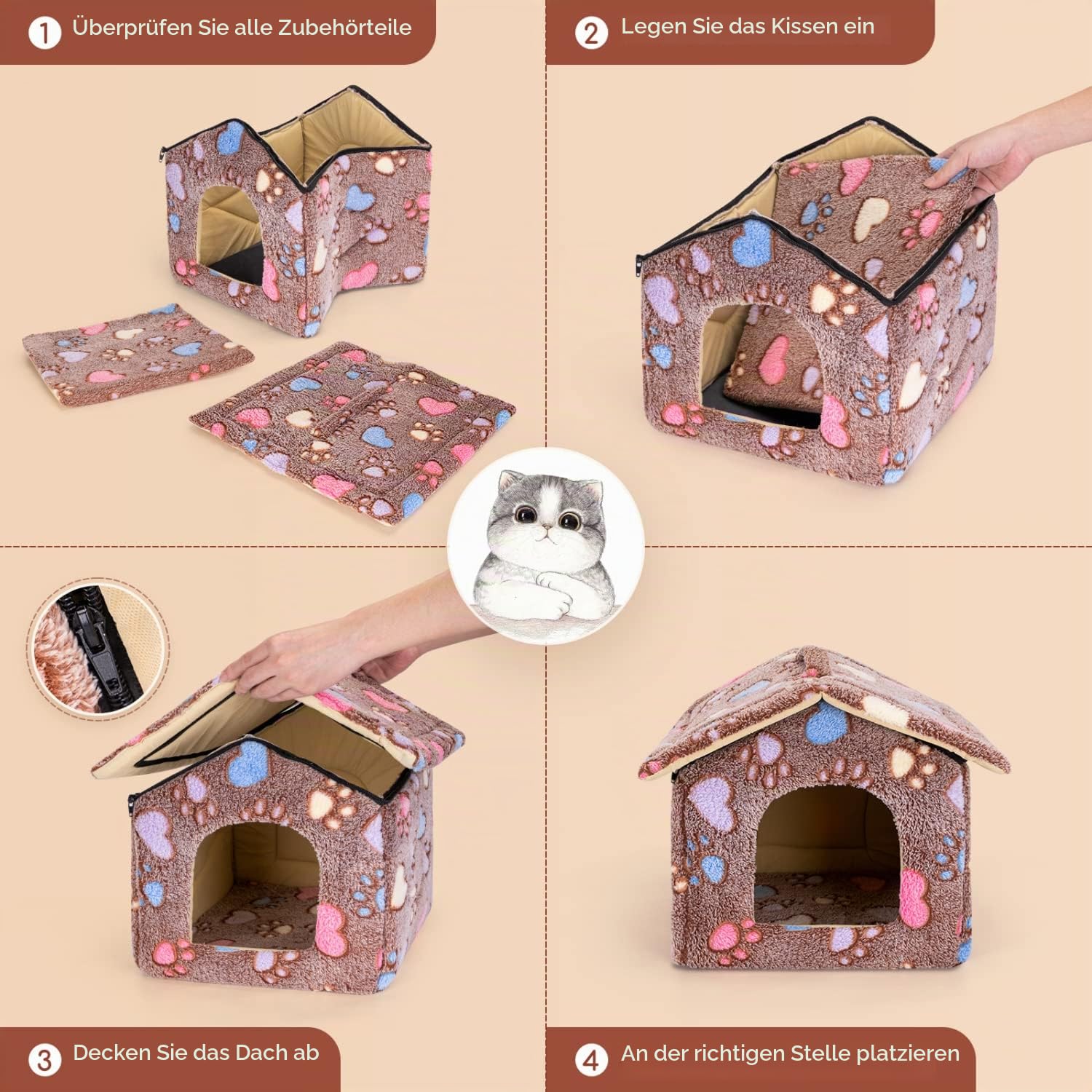 Nobleza Hundehütte für Hunde Katzen, Winterfest Hundehaus 53x50x43cm L, Tragbare Haustier Hundehöhle, Abnehmbar Katzenhaus, Waschbar Schlafplatz, Hundebett mit Abnehmbarem Matratze, Braun