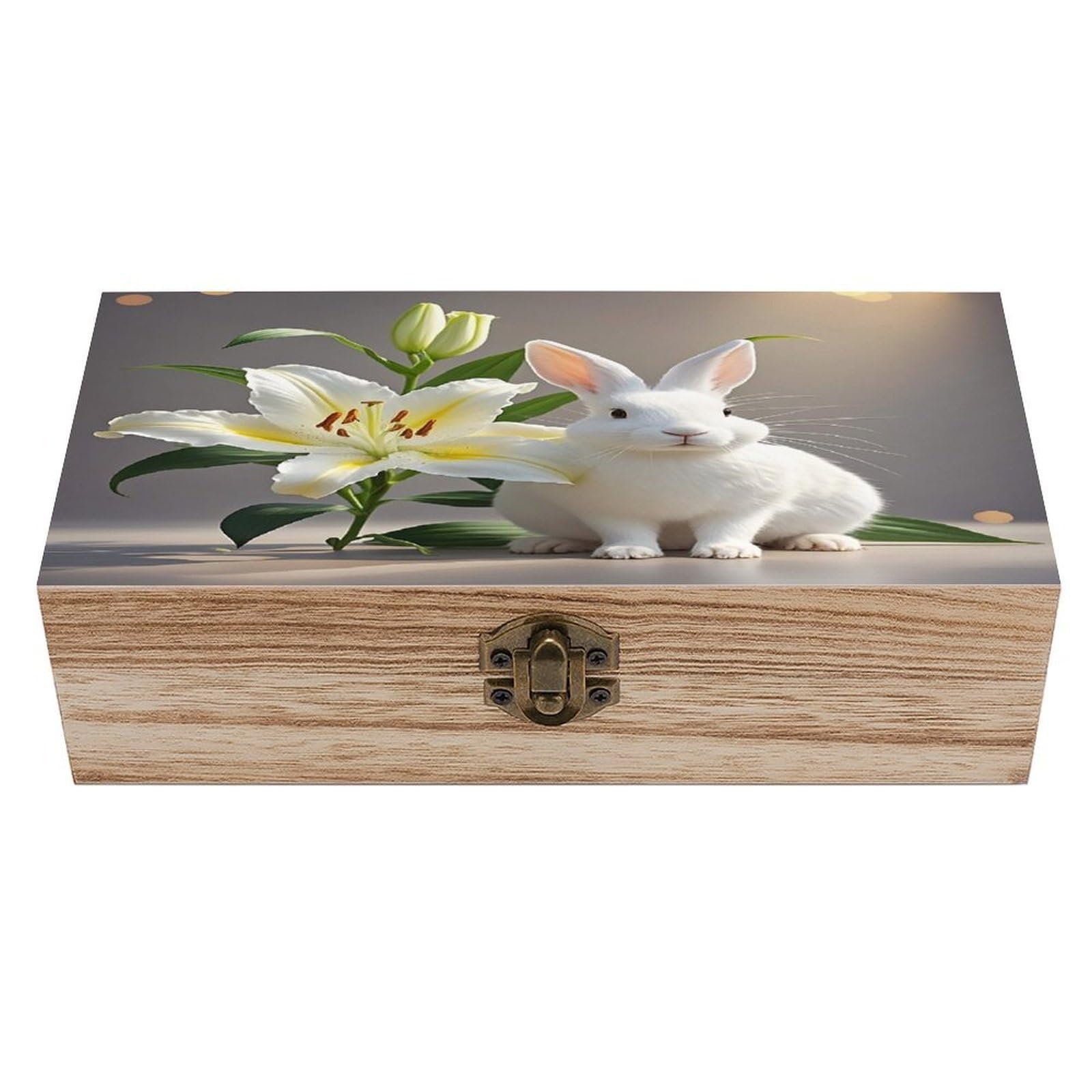 FekiLoot White Rabbit And Lilies Wooden Storage Box Exquisite Wood Keepsake Box Vintage Wooden Gift Jewelry Case for Crafts And Photo Storage Boxes