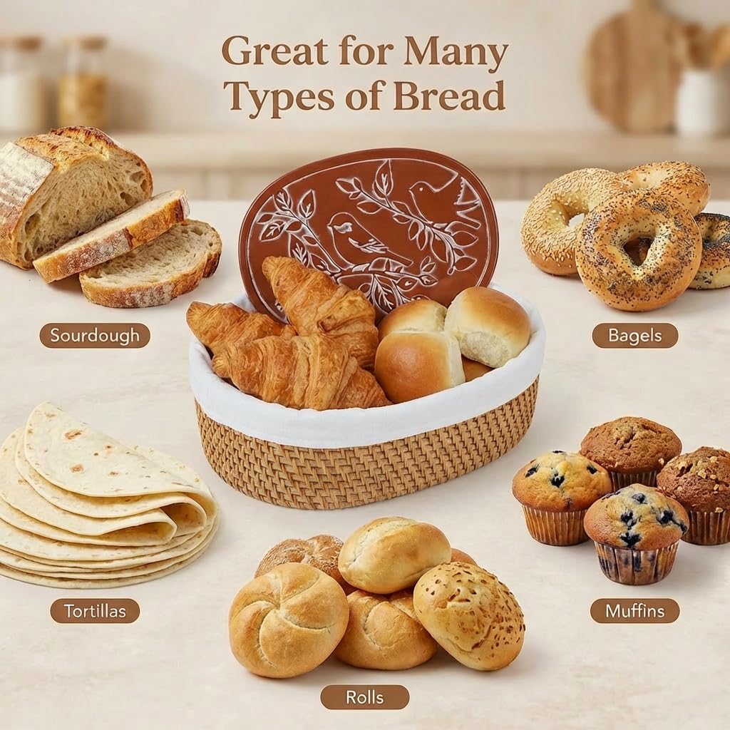 YANGQIHOME Bread Warmer Basket with Terracotta Warming Stone - Large Bread Basket for Sourdough, Tortillas, Rolls - Keeps Bread Warm 60+ Minutes - Includes Lid, Tongs & Liner