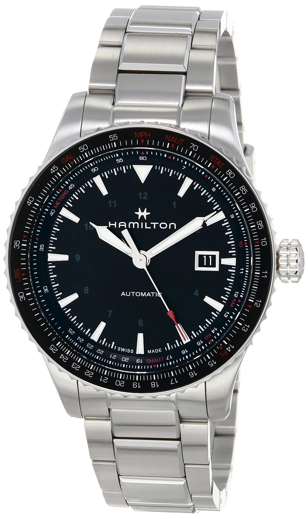 Khaki Aviation Converter Swiss Automatic Watch 42mm Case, Black Dial, Silver Stainless Steel Bracelet (Model: H76615130), Black, Classic