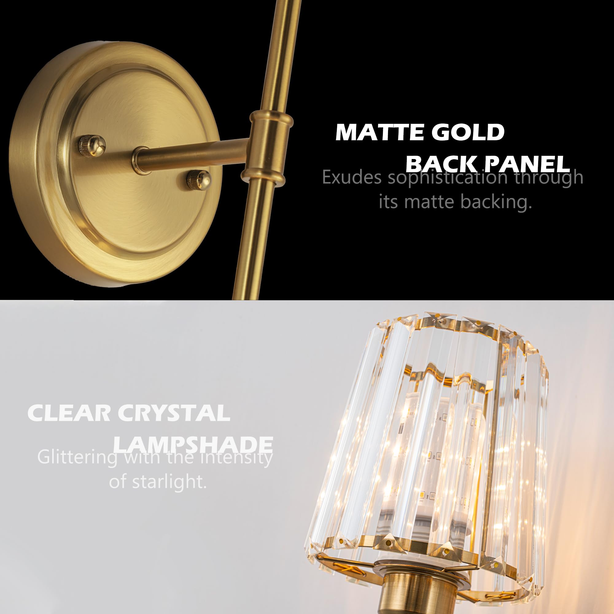 FTL Kristall Wandleuchte Akku 2 Stück, Gold Batteriebetrieben Wandlampe mit Fernbedienung, Wandleuchte Ohne Stromanschluss mit Stoffschirm, Aufladbar Wandbeleuchtung mit Batterie für Wohnzimmer Flur