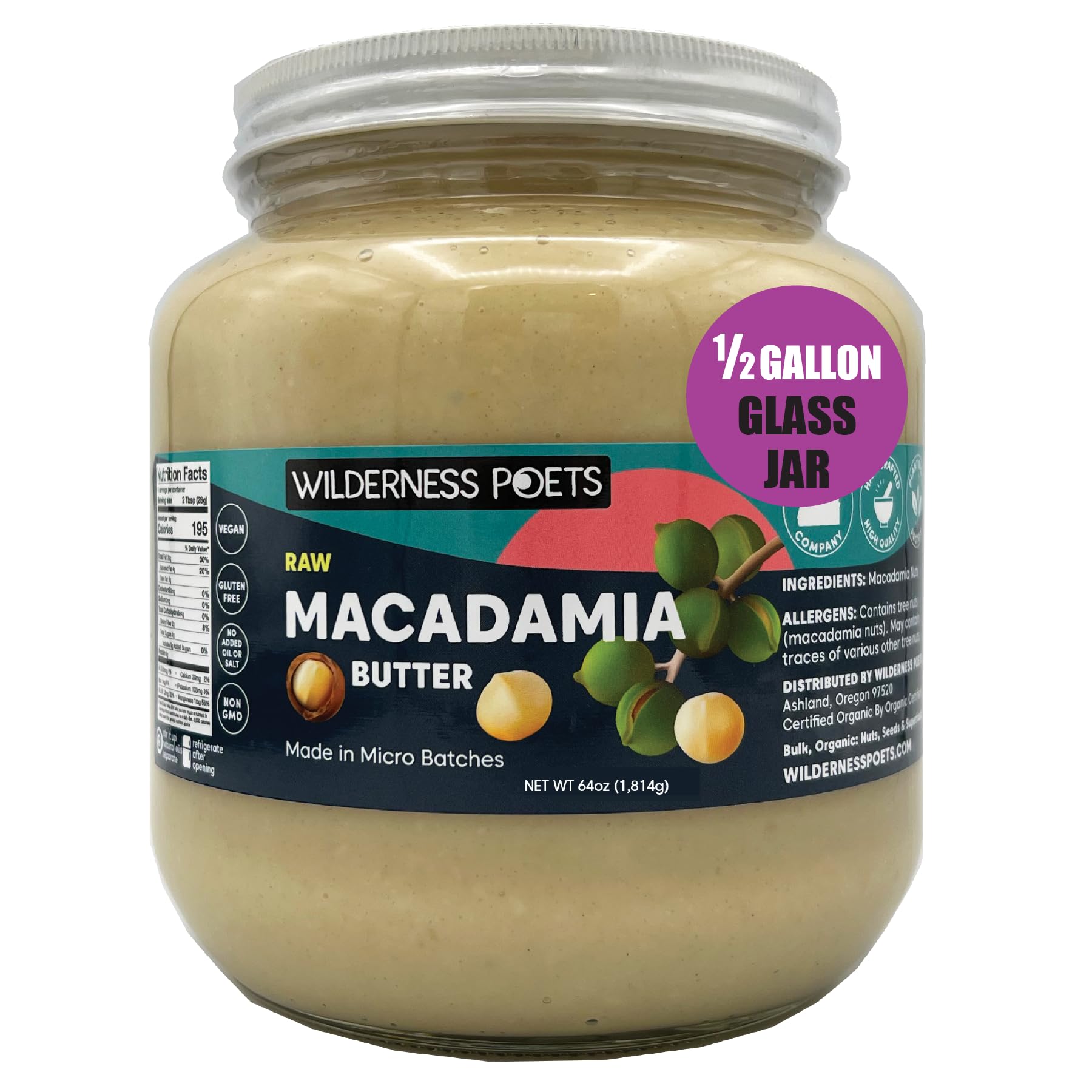 Wilderness Poets, Raw Macadamia Butter (64 Ounce - 4 Pound) - Glass Jar