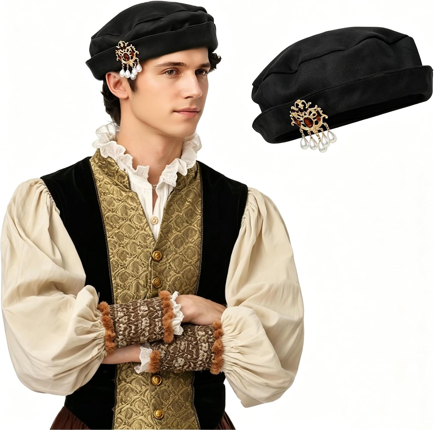C-ZOFEK Tudor Hat with Decorative Pin, Medieval Renaissance Beret, Brown and Black