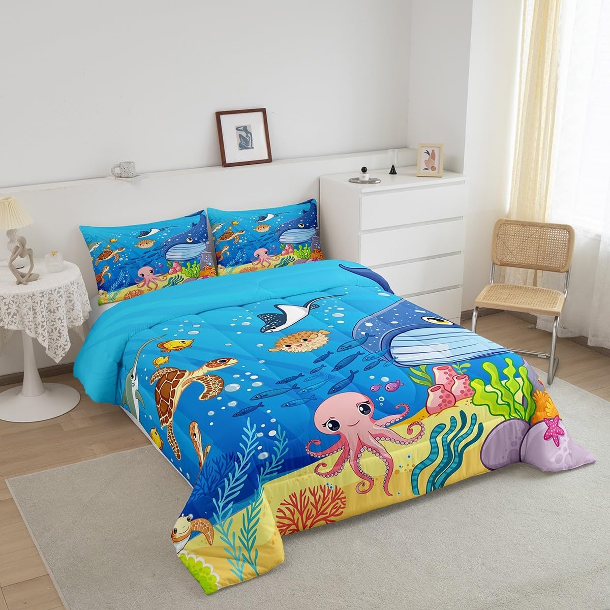 Marine Animals Comforter Set Queen,Shark Octopus Turtle Coral Bedding Set,Underwater World Cartoon Quilt Set 3 Pcs for Kids Teens Adults Room Decor,Sea Blue Duvet Insert with 2 Pillowcases