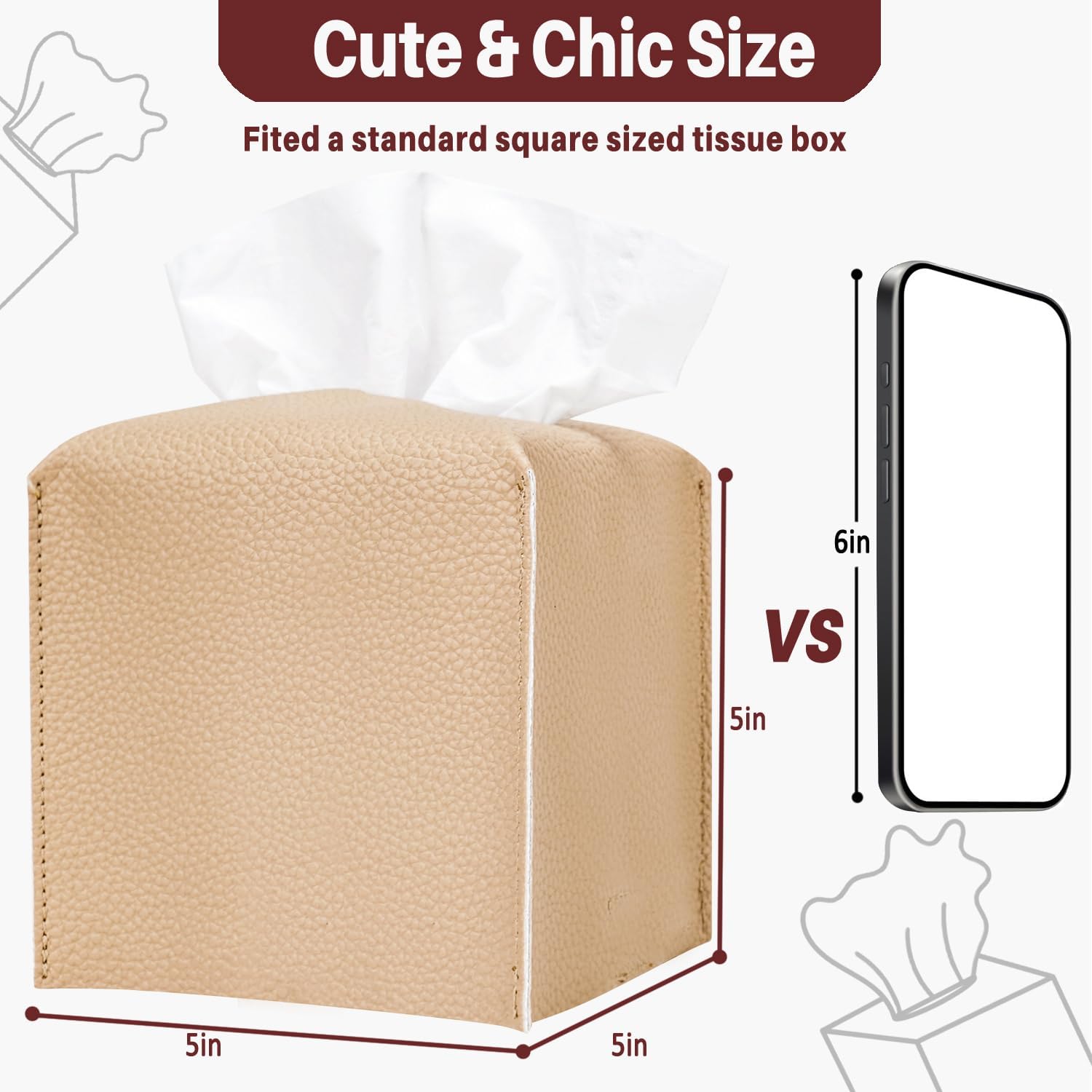 Tissue Box Cover, Square PU Leather Tissue Box Holder, Modern Tissue Holder with Bottom Belt, Decorative Facial Paper Organizer for Office, Car, Bathroom, Home Decor (Khaki)