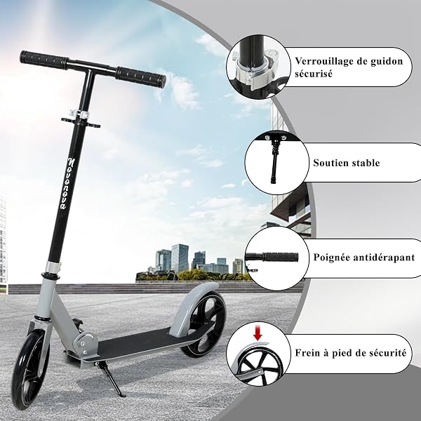 Trottinette Ado Pliable, Trottinette Adolescent avec Guidon Hauteur Ajustable 3 Niveaux, Trotinette Enfant Grande Roue 200MM Résistant, Trotinette Enfant/Ado 9-14Ans 125-175CM Charge 100KG - 3