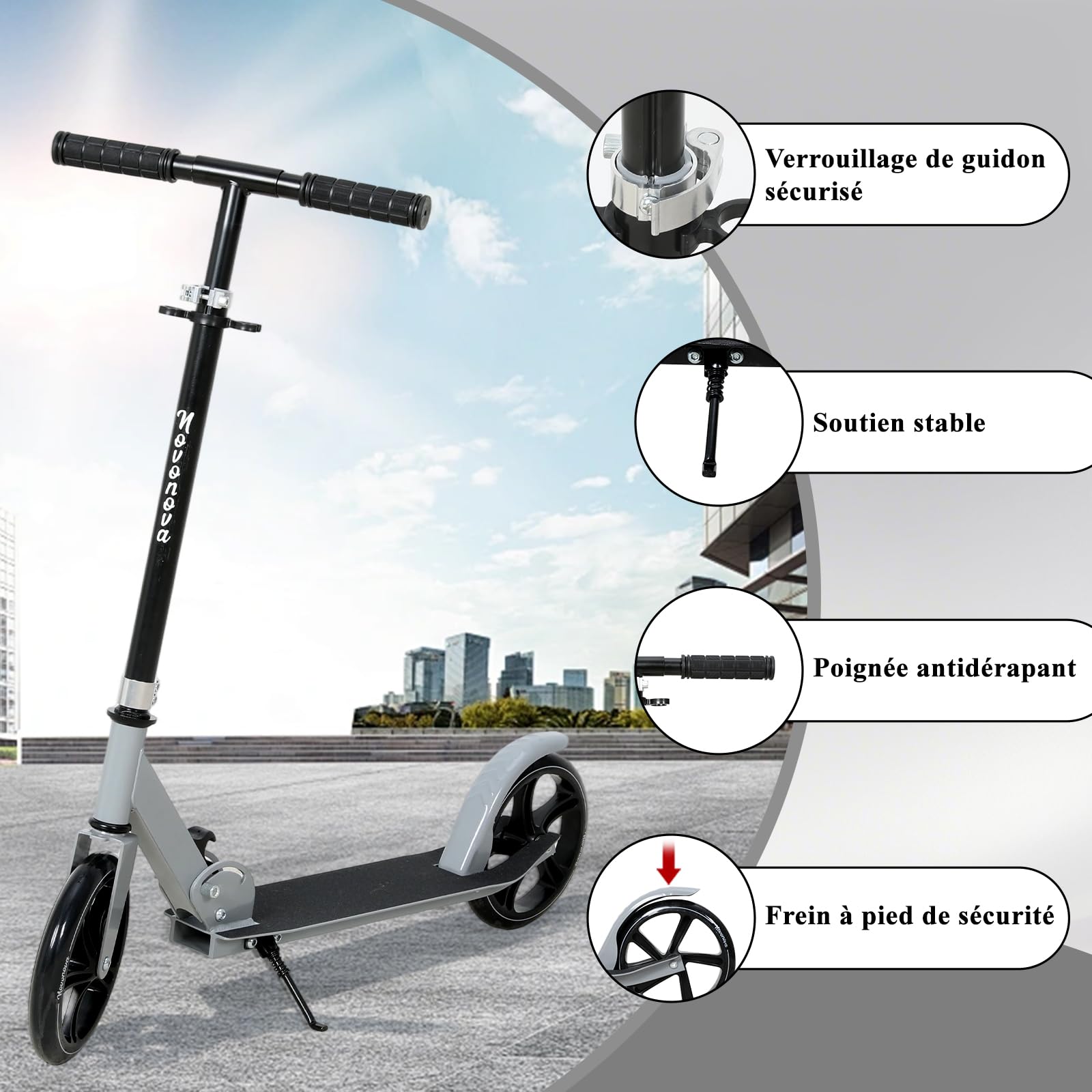 Trottinette Ado Pliable, Trottinette Adolescent avec Guidon Hauteur Ajustable 3 Niveaux, Trotinette Enfant Grande Roue 200MM Résistant, Trotinette Enfant/Ado 9-14Ans 125-175CM Charge 100KG