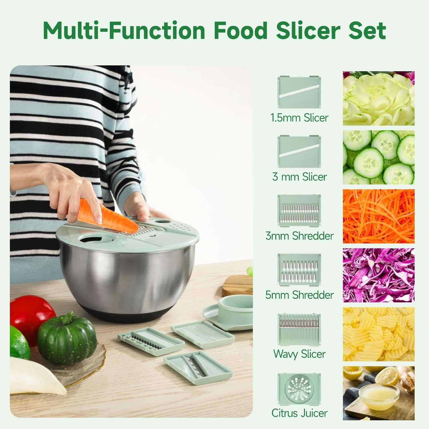 Stainless Steel Salad Spinner with Slicer Set, 5 Qt Large Rotation Vegetable Washer, 5 Interchangeable Slicers, Egg Separator, Anti-Slip Base Lettuce Bowl for Salad & Meal Prep