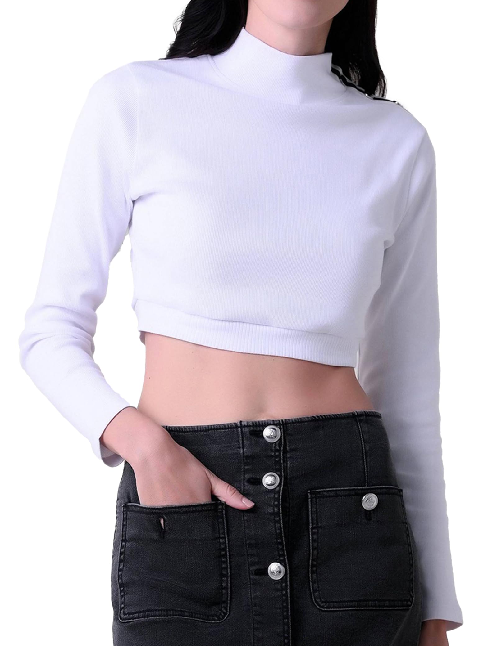 Enorsia White Turtleneck Crop Top - Long Sleeve - Slim Fit - Ribbed Fabric - Metal Button Detail